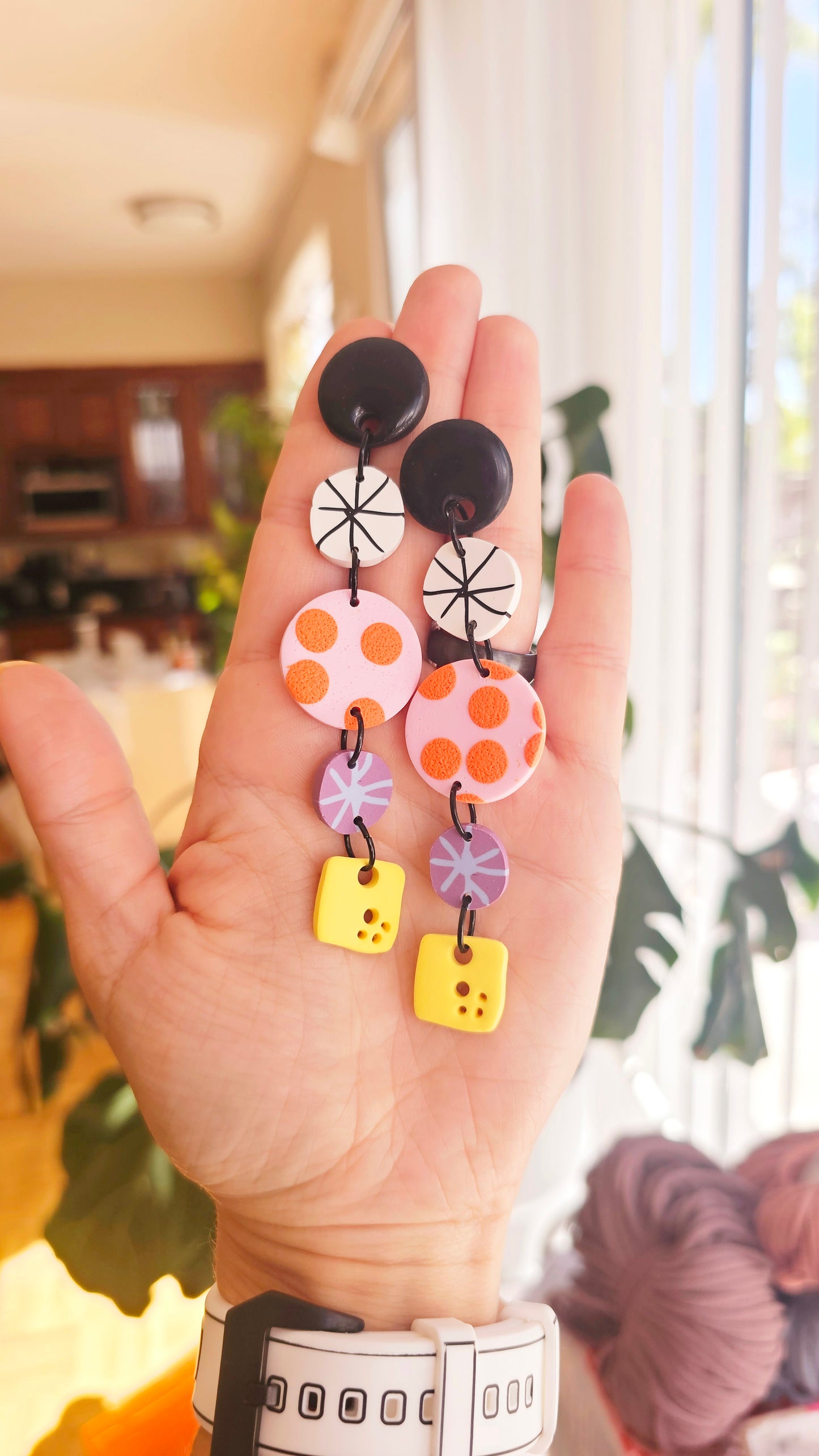 Retro Mod Long Polymer Clay Statement Earrings
