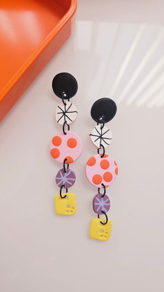 Retro Mod Long Polymer Clay Statement Earrings
