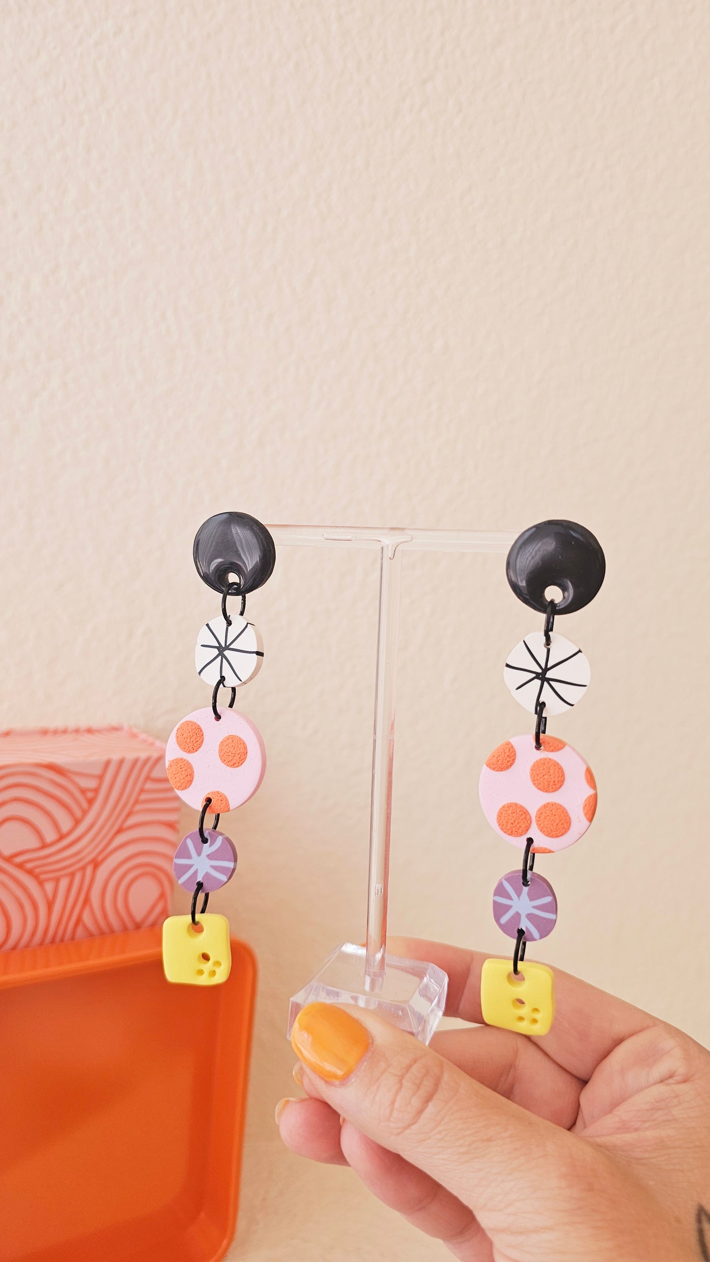 Retro Mod Long Polymer Clay Statement Earrings