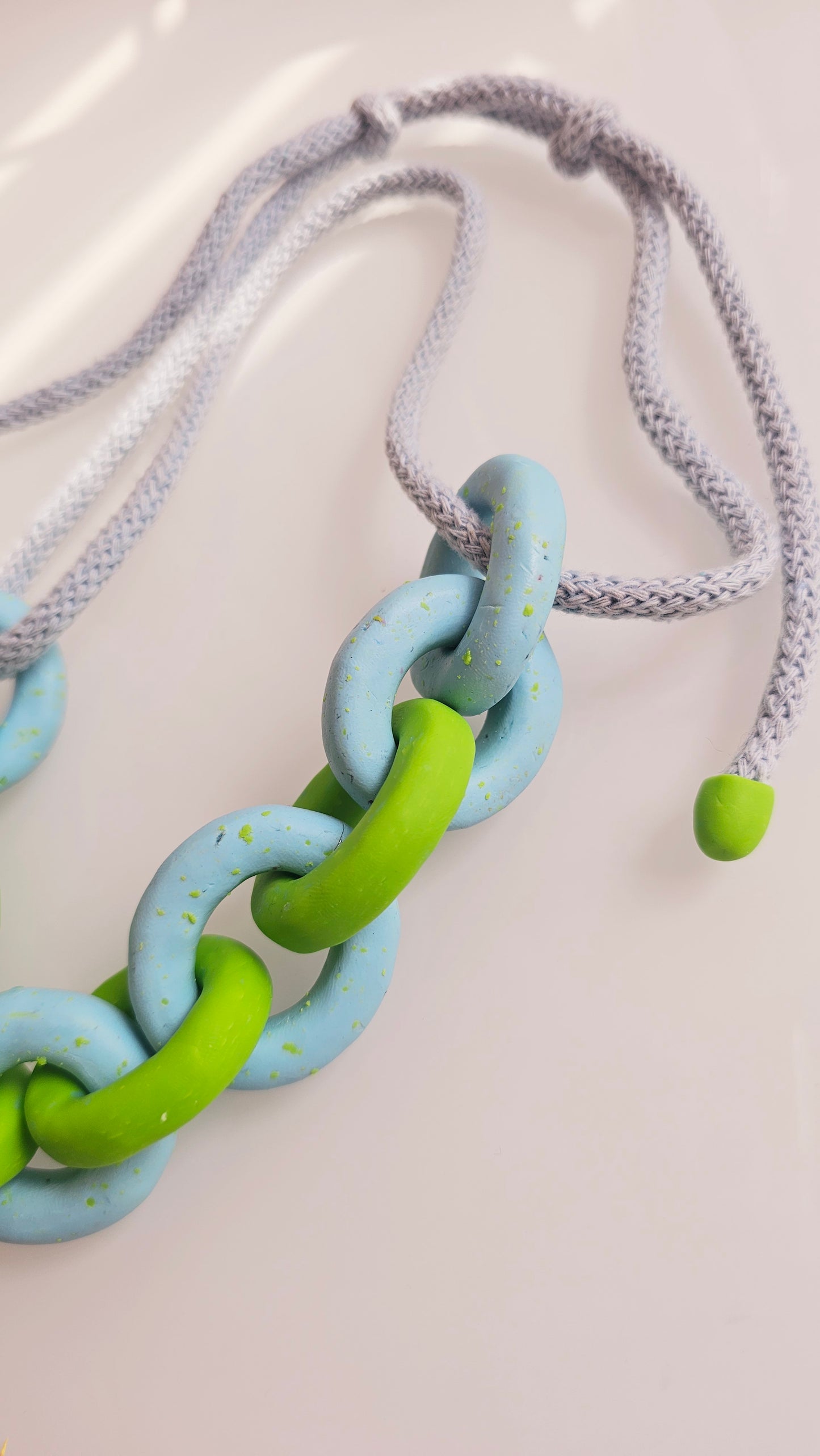 Lime & Sky Chunky Polymer Clay Chain Necklace with Cotton Cord