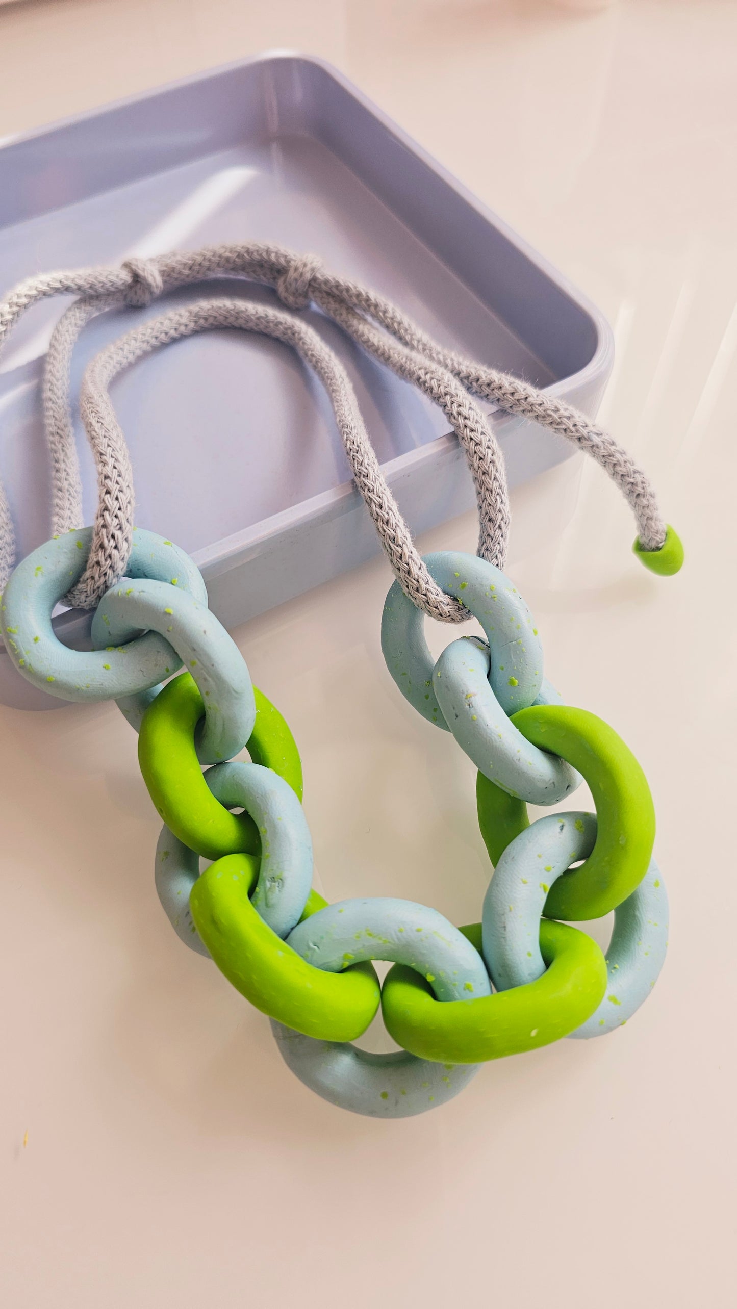 Lime & Sky Chunky Polymer Clay Chain Necklace with Cotton Cord
