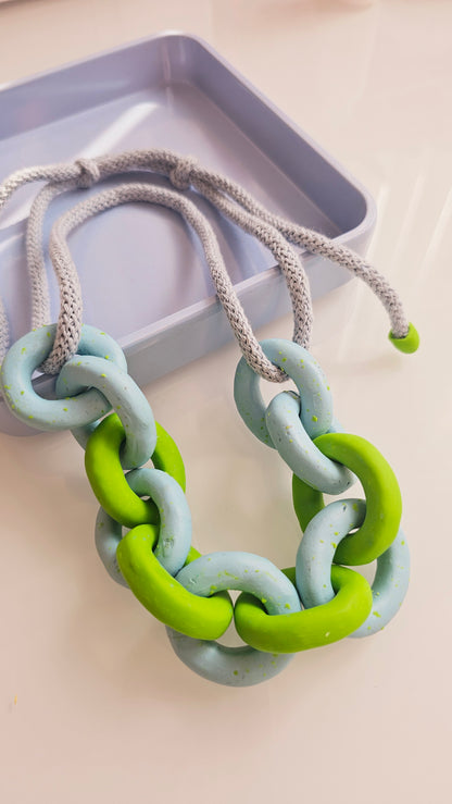 Lime & Sky Chunky Polymer Clay Chain Necklace with Cotton Cord