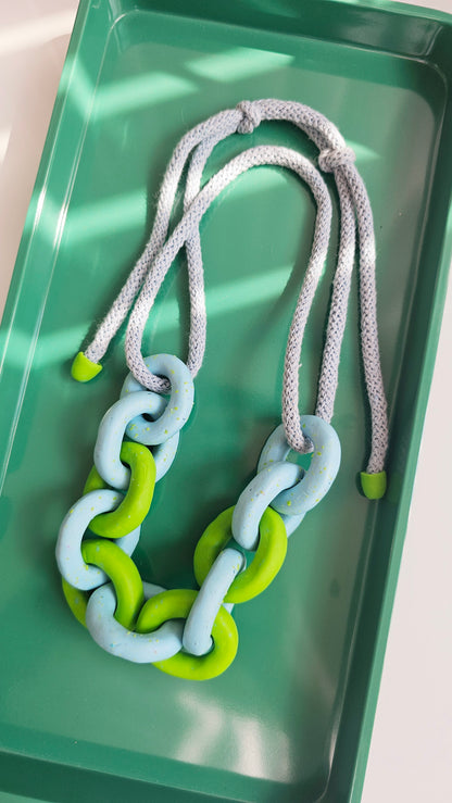 Lime & Sky Chunky Polymer Clay Chain Necklace with Cotton Cord