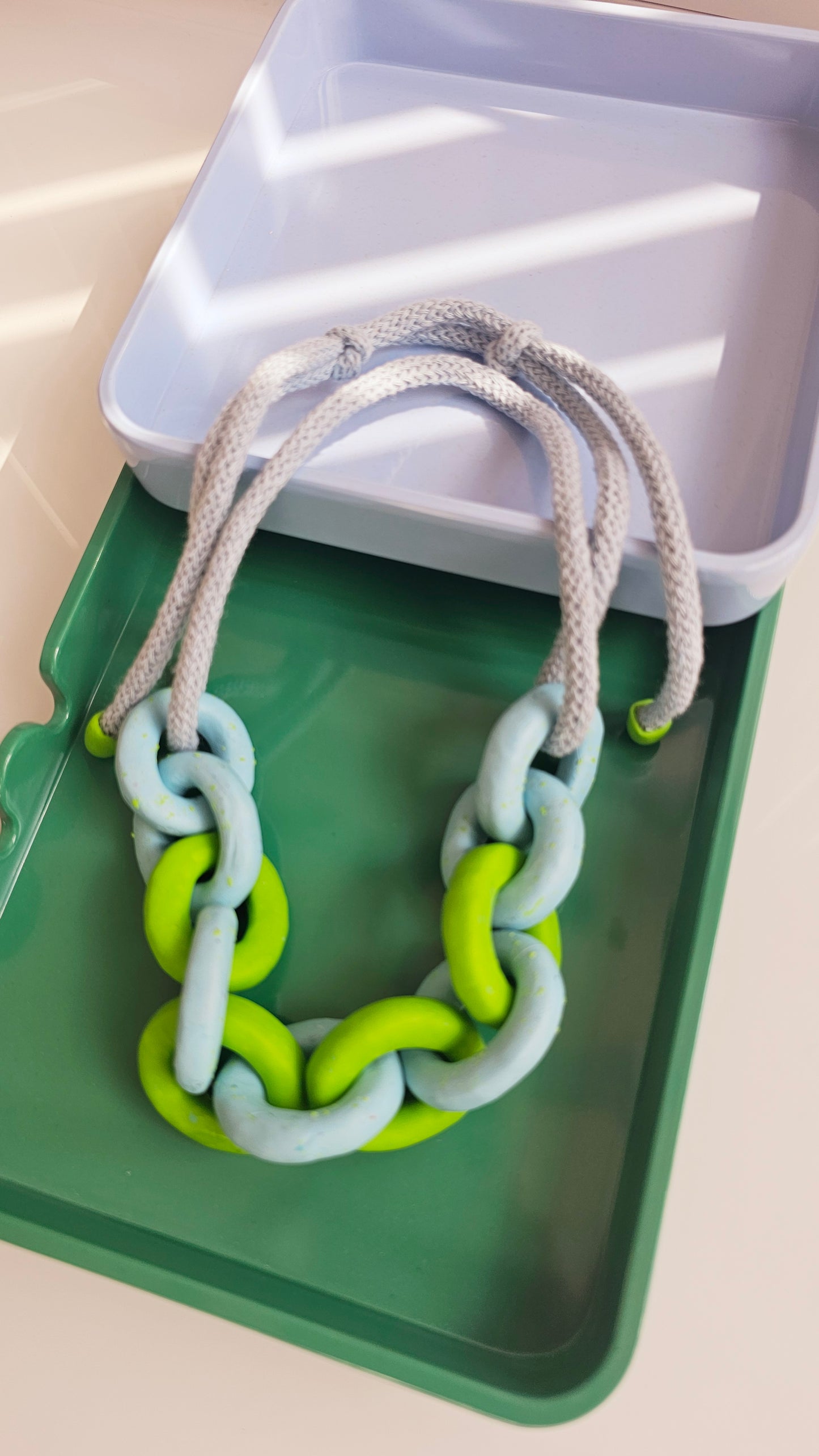 Lime & Sky Chunky Polymer Clay Chain Necklace with Cotton Cord