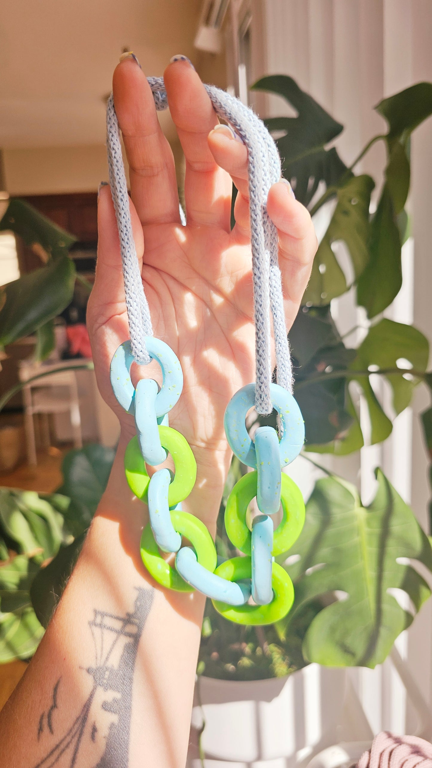 Lime & Sky Chunky Polymer Clay Chain Necklace with Cotton Cord
