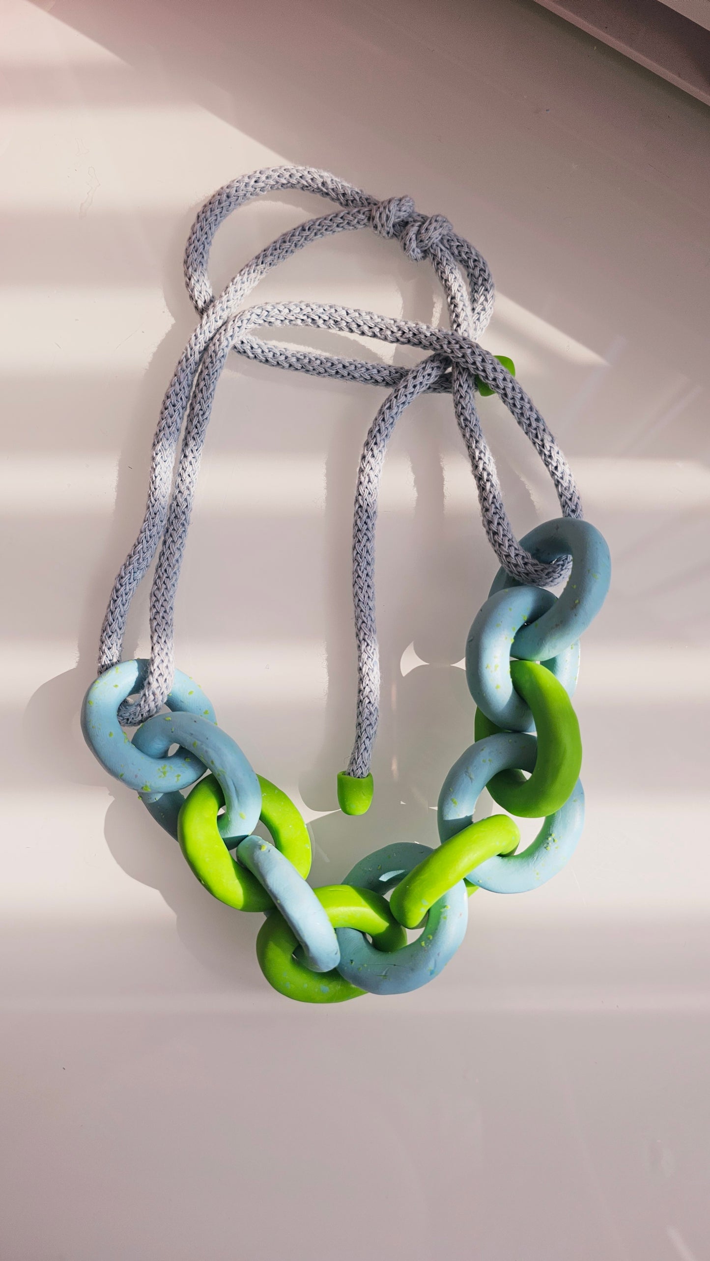 Lime & Sky Chunky Polymer Clay Chain Necklace with Cotton Cord