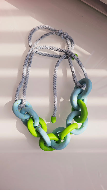 Lime & Sky Chunky Polymer Clay Chain Necklace with Cotton Cord