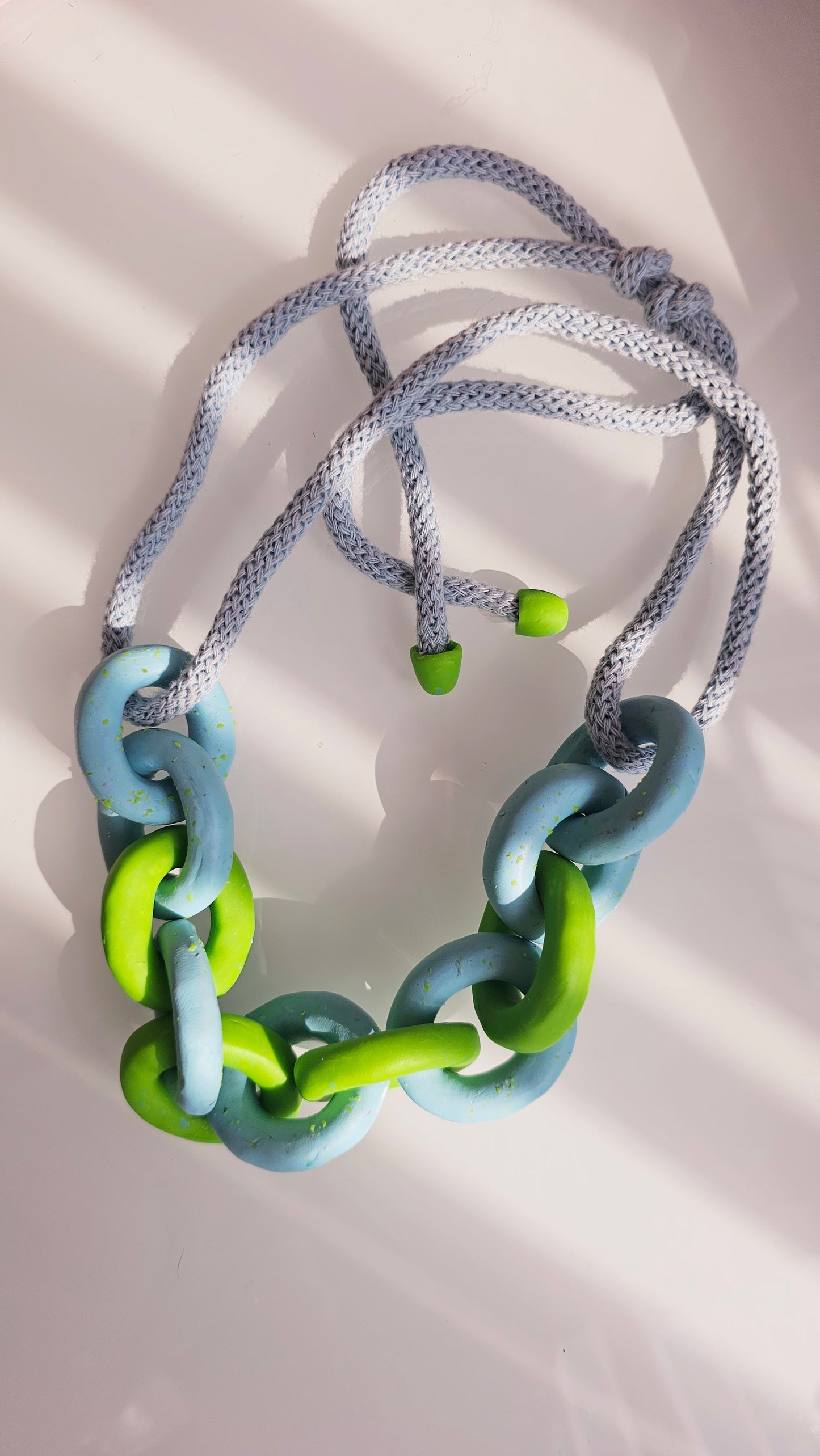 Lime & Sky Chunky Polymer Clay Chain Necklace with Cotton Cord