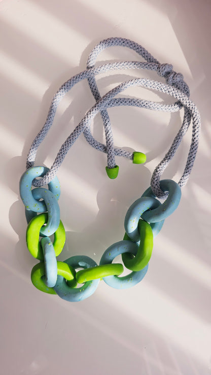 Lime & Sky Chunky Polymer Clay Chain Necklace with Cotton Cord