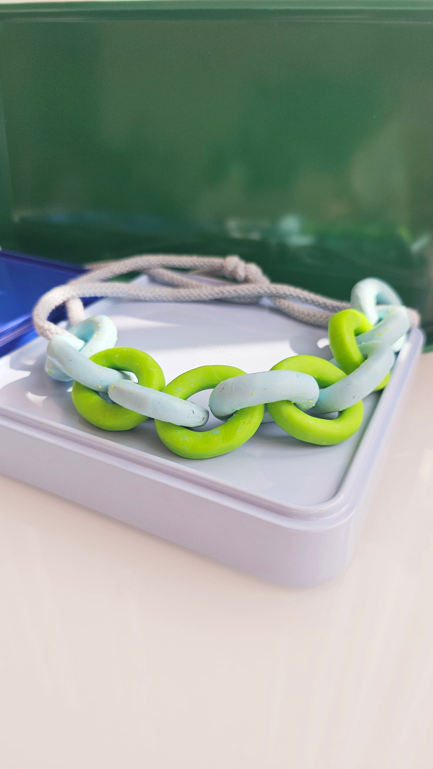 Lime & Sky Chunky Polymer Clay Chain Necklace with Cotton Cord