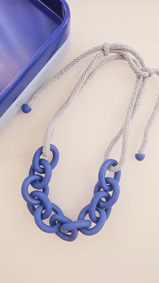 Royal Blue Chunky Polymer Clay Chain Necklace with Cotton Cord