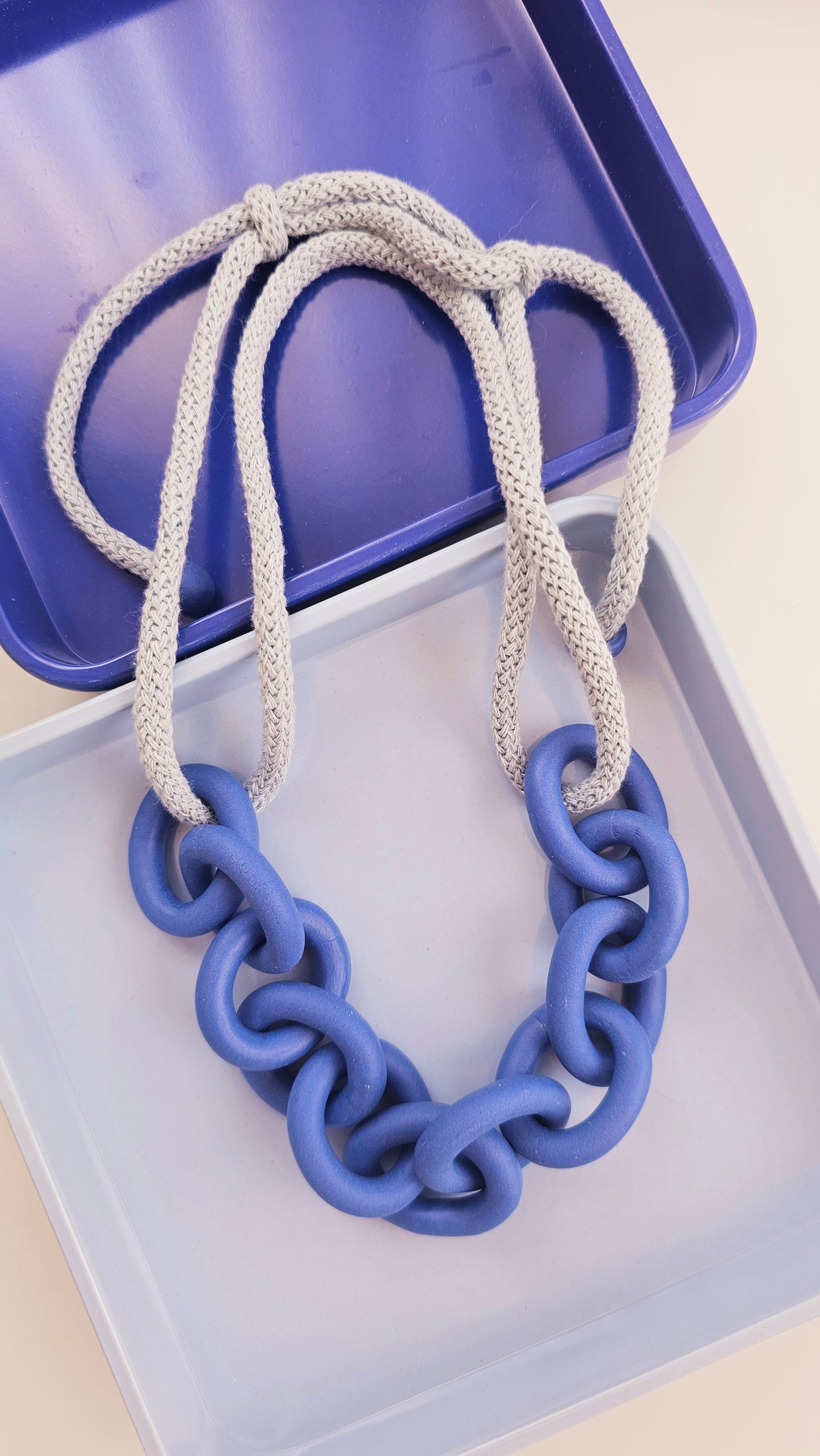 Royal Blue Chunky Polymer Clay Chain Necklace with Cotton Cord