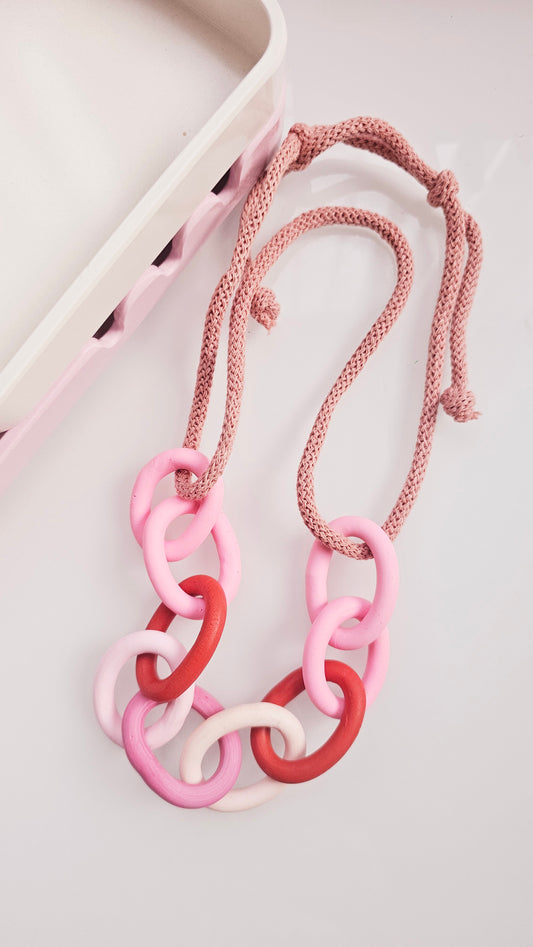 Pink and Red Chunky Polymer Clay Chain Necklace with Cotton Cord