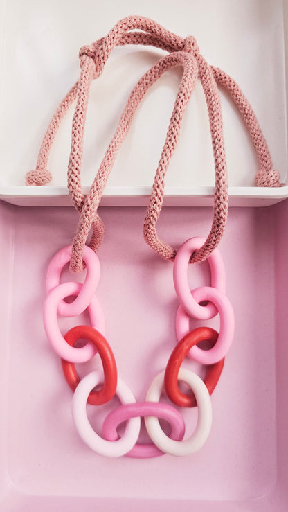 Pink and Red Chunky Polymer Clay Chain Necklace with Cotton Cord