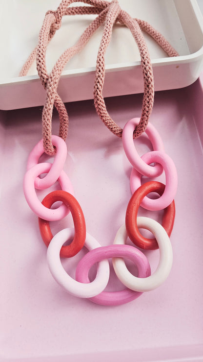 Pink and Red Chunky Polymer Clay Chain Necklace with Cotton Cord