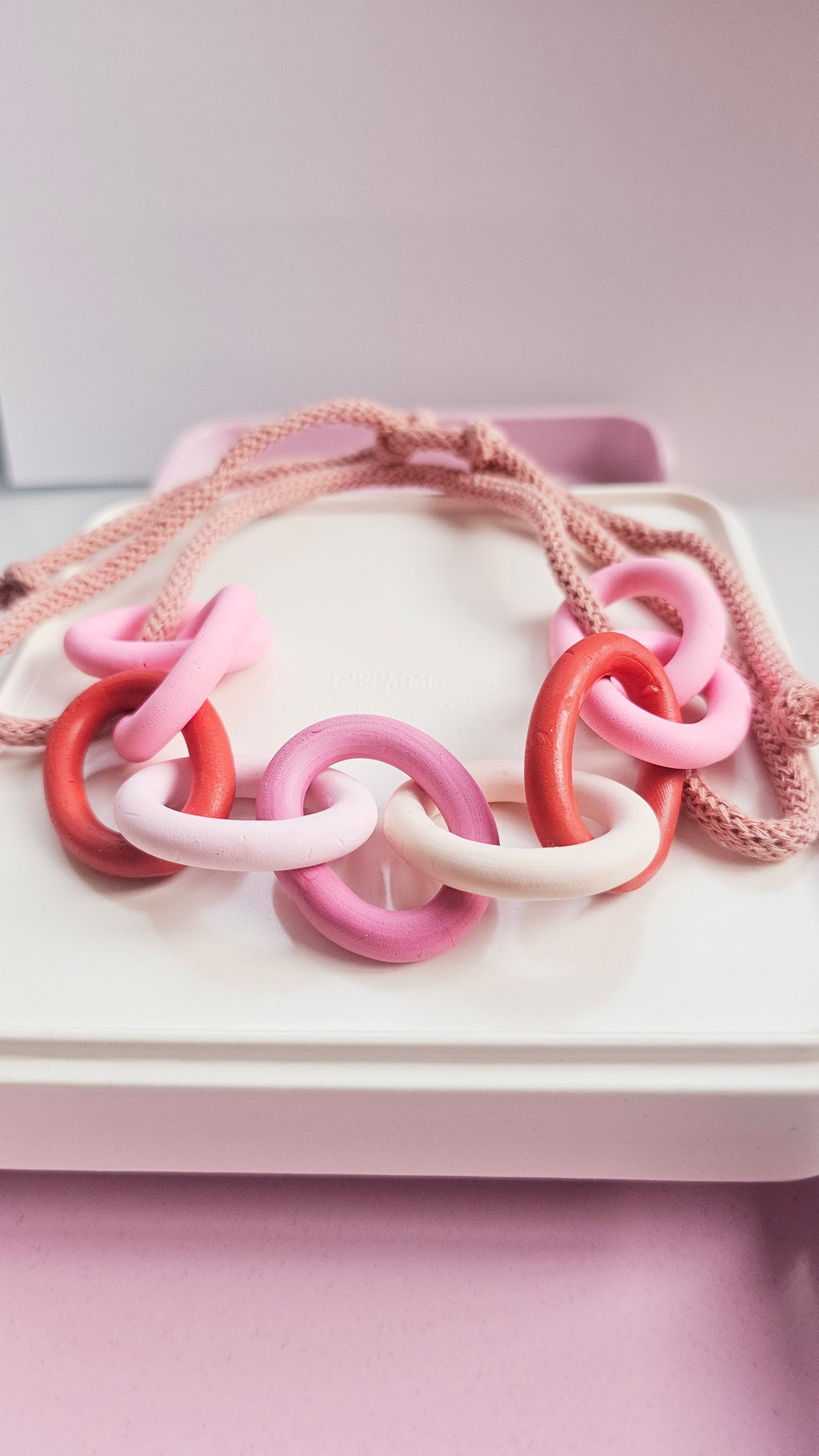Pink and Red Chunky Polymer Clay Chain Necklace with Cotton Cord