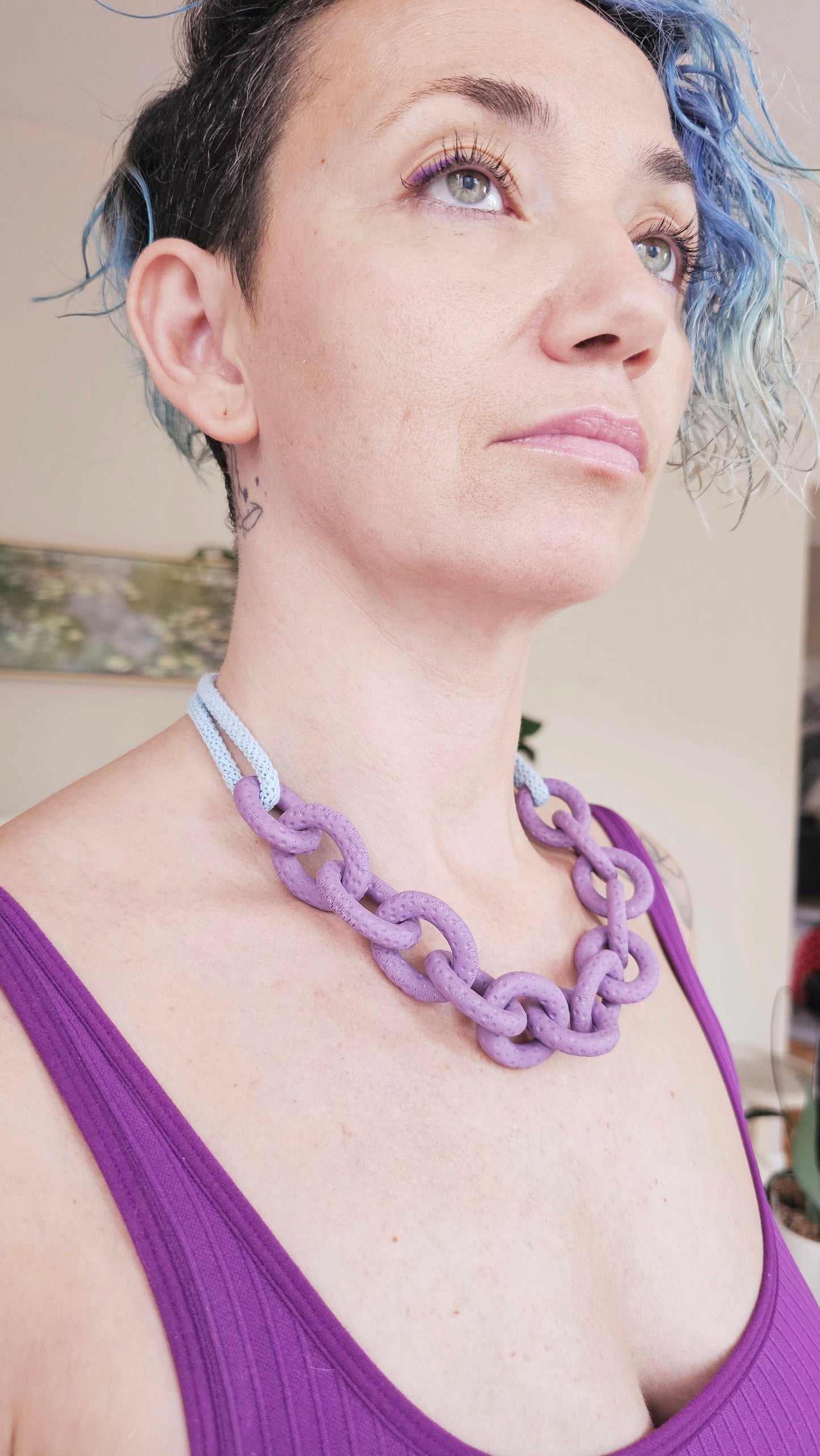 Dusty Lavender Chunky Polymer Clay Chain Necklace with Cotton Cord
