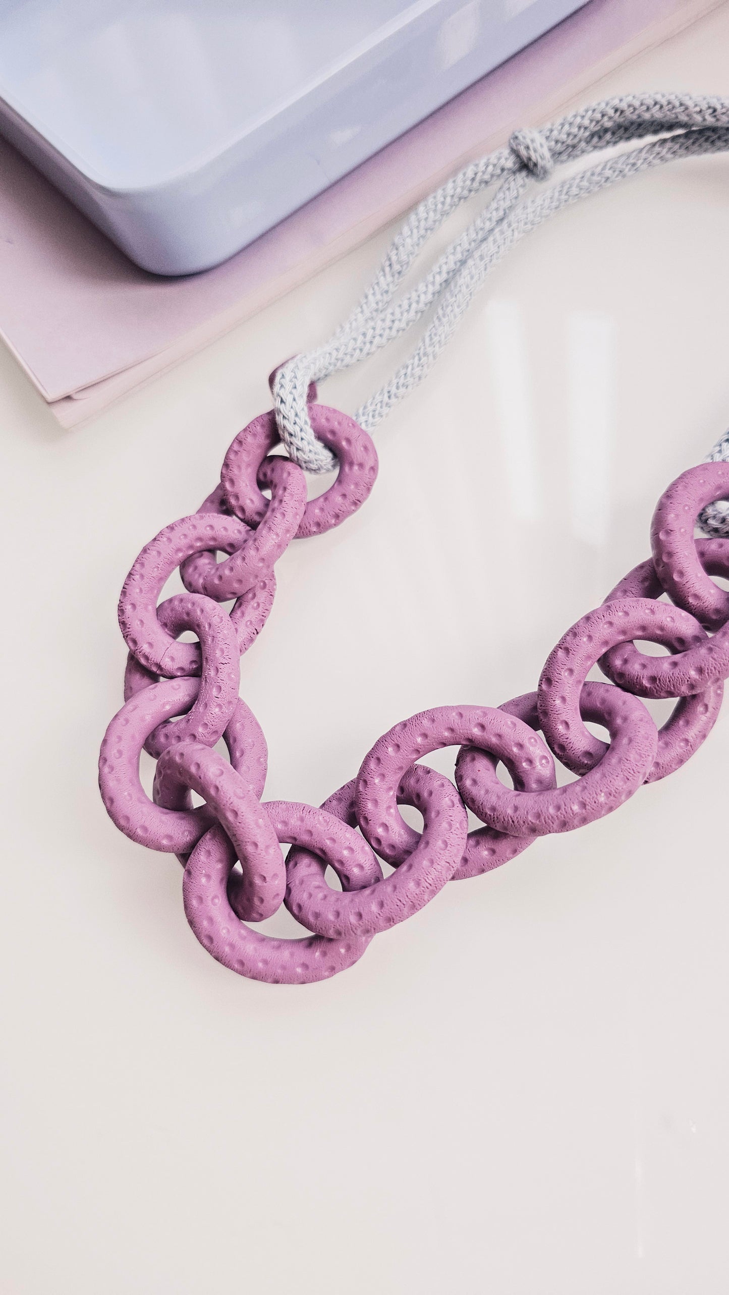 Dusty Lavender Chunky Polymer Clay Chain Necklace with Cotton Cord