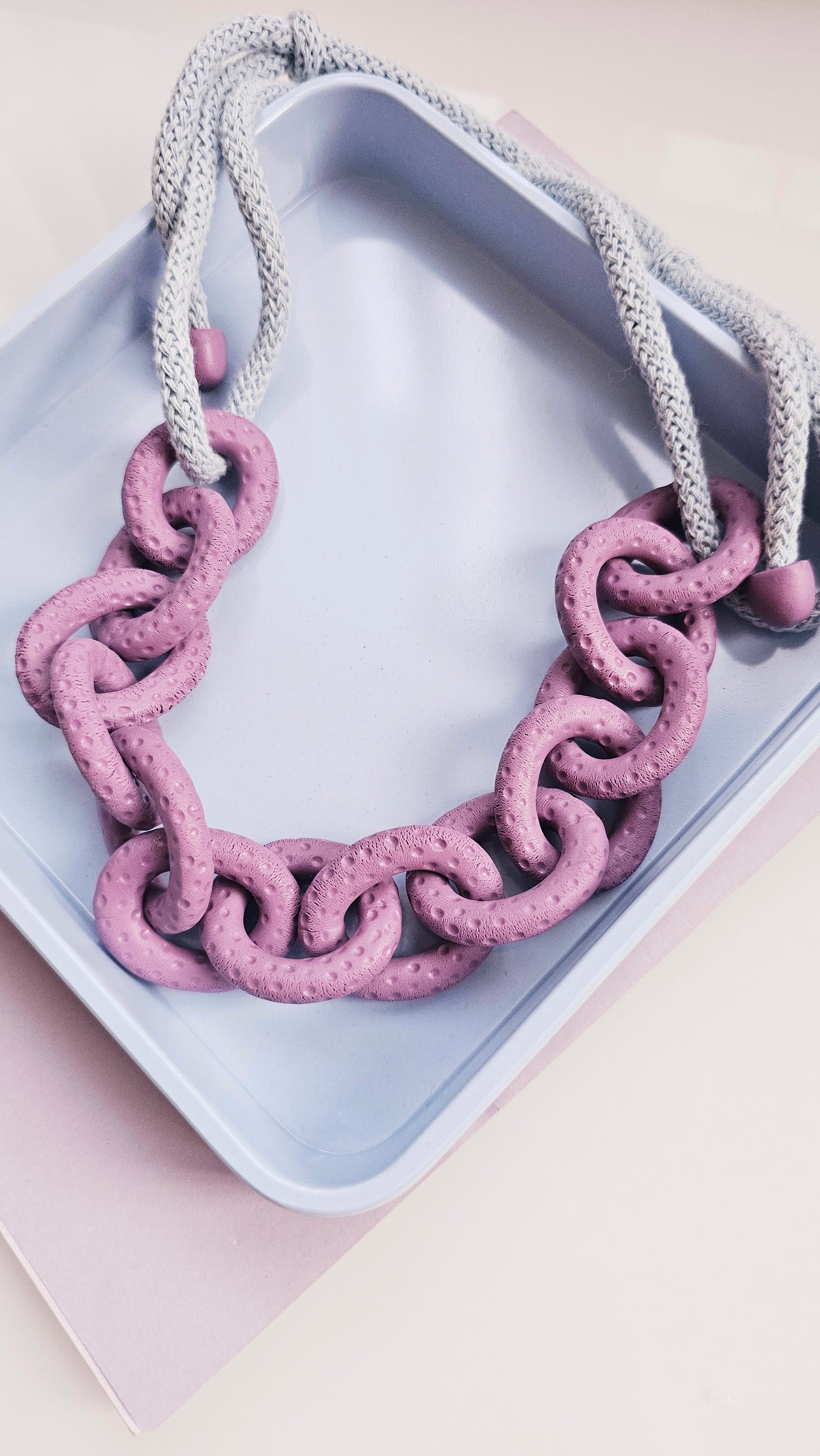 Dusty Lavender Chunky Polymer Clay Chain Necklace with Cotton Cord