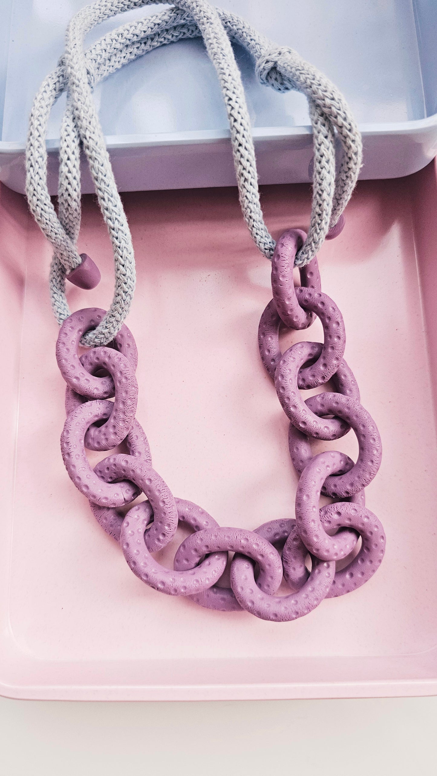 Dusty Lavender Chunky Polymer Clay Chain Necklace with Cotton Cord