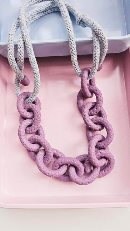 Dusty Lavender Chunky Polymer Clay Chain Necklace with Cotton Cord