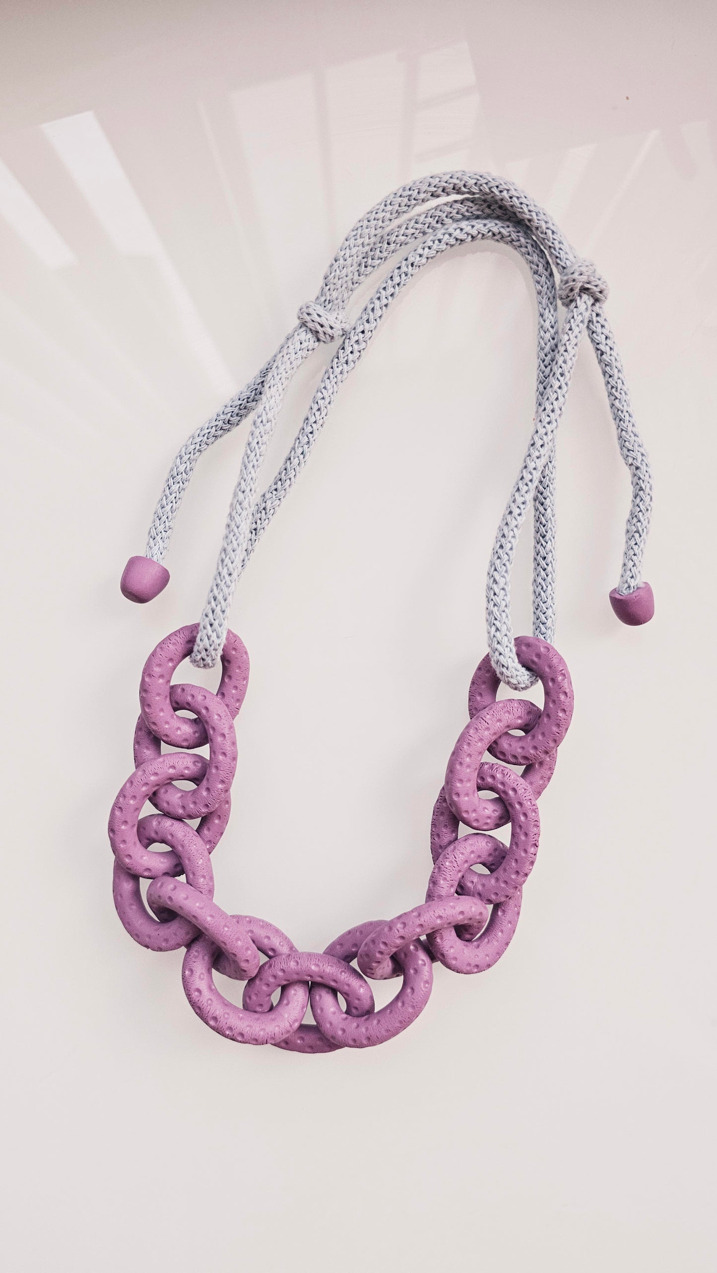 Dusty Lavender Chunky Polymer Clay Chain Necklace with Cotton Cord