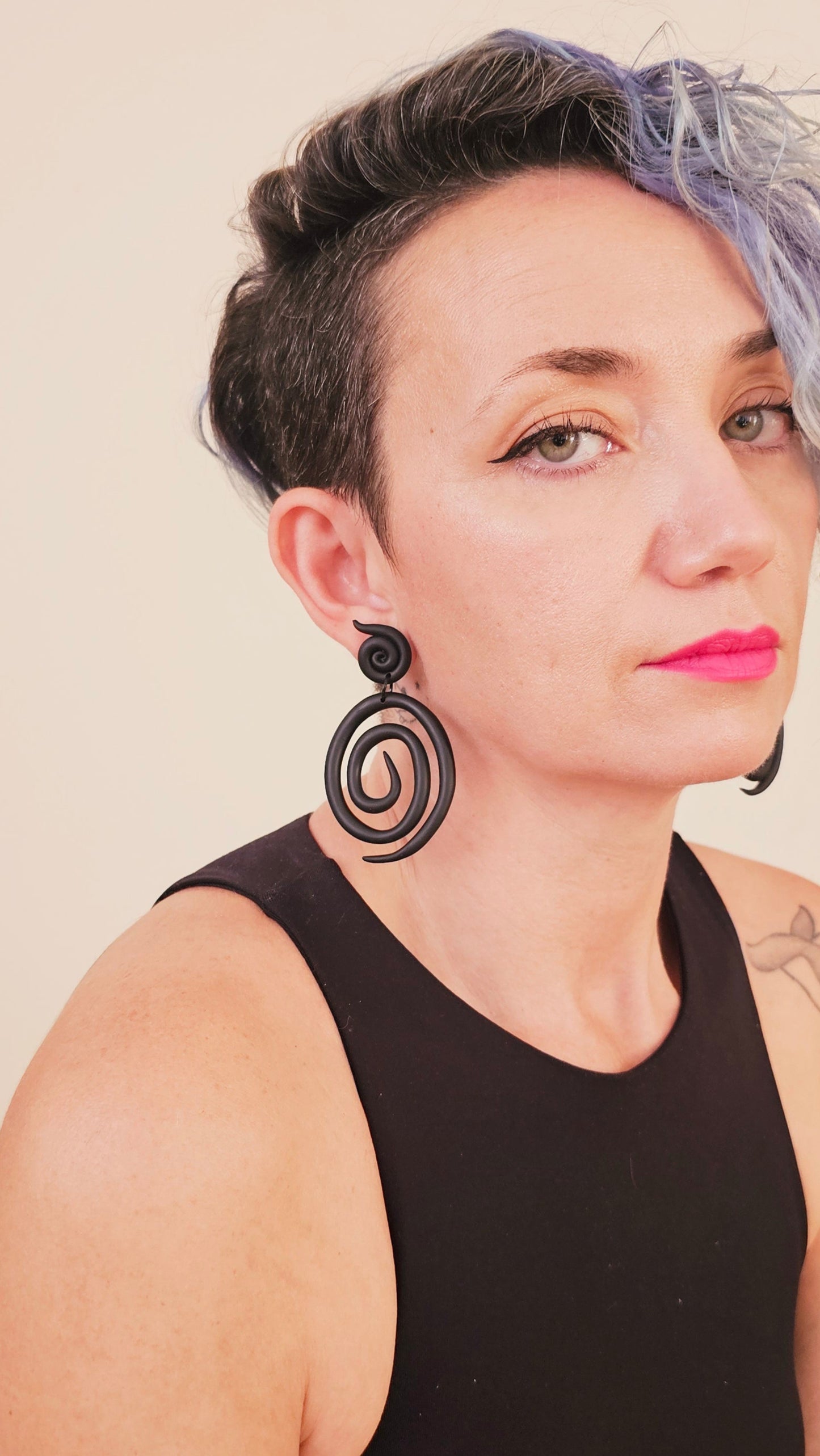 Black Spiral Polymer Clay Statement Earrings - Handmade Lightweight Dangle Earrings