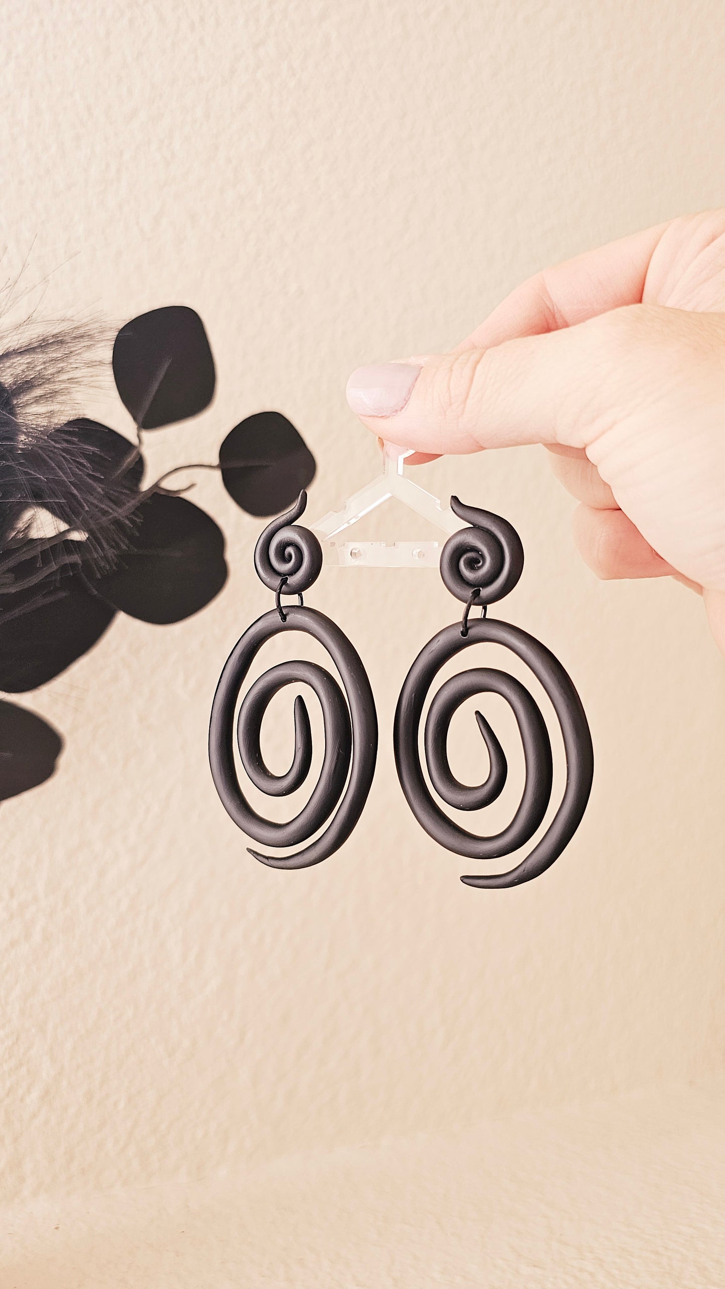 Black Spiral Polymer Clay Statement Earrings - Handmade Lightweight Dangle Earrings