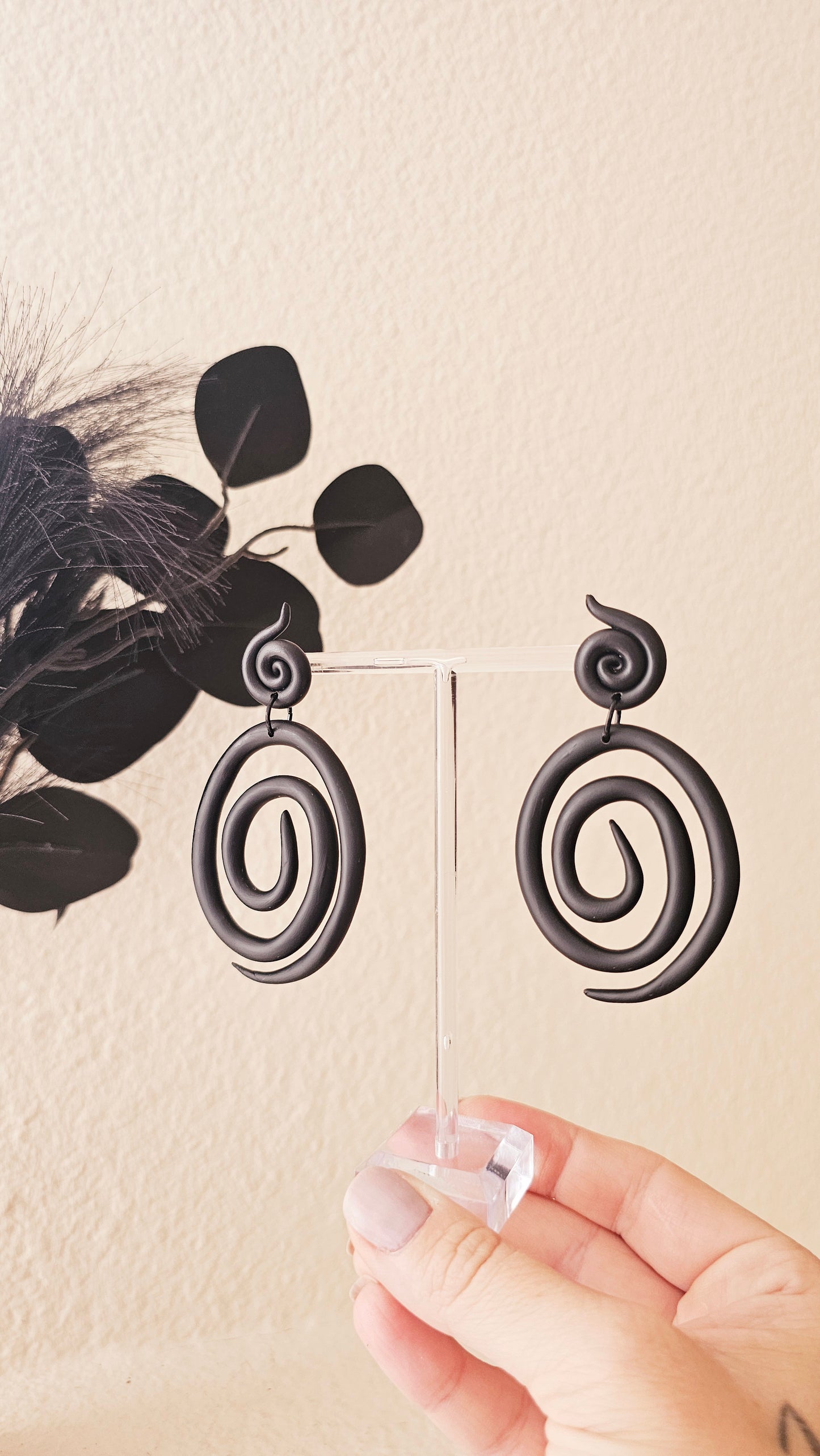 Black Spiral Polymer Clay Statement Earrings - Handmade Lightweight Dangle Earrings