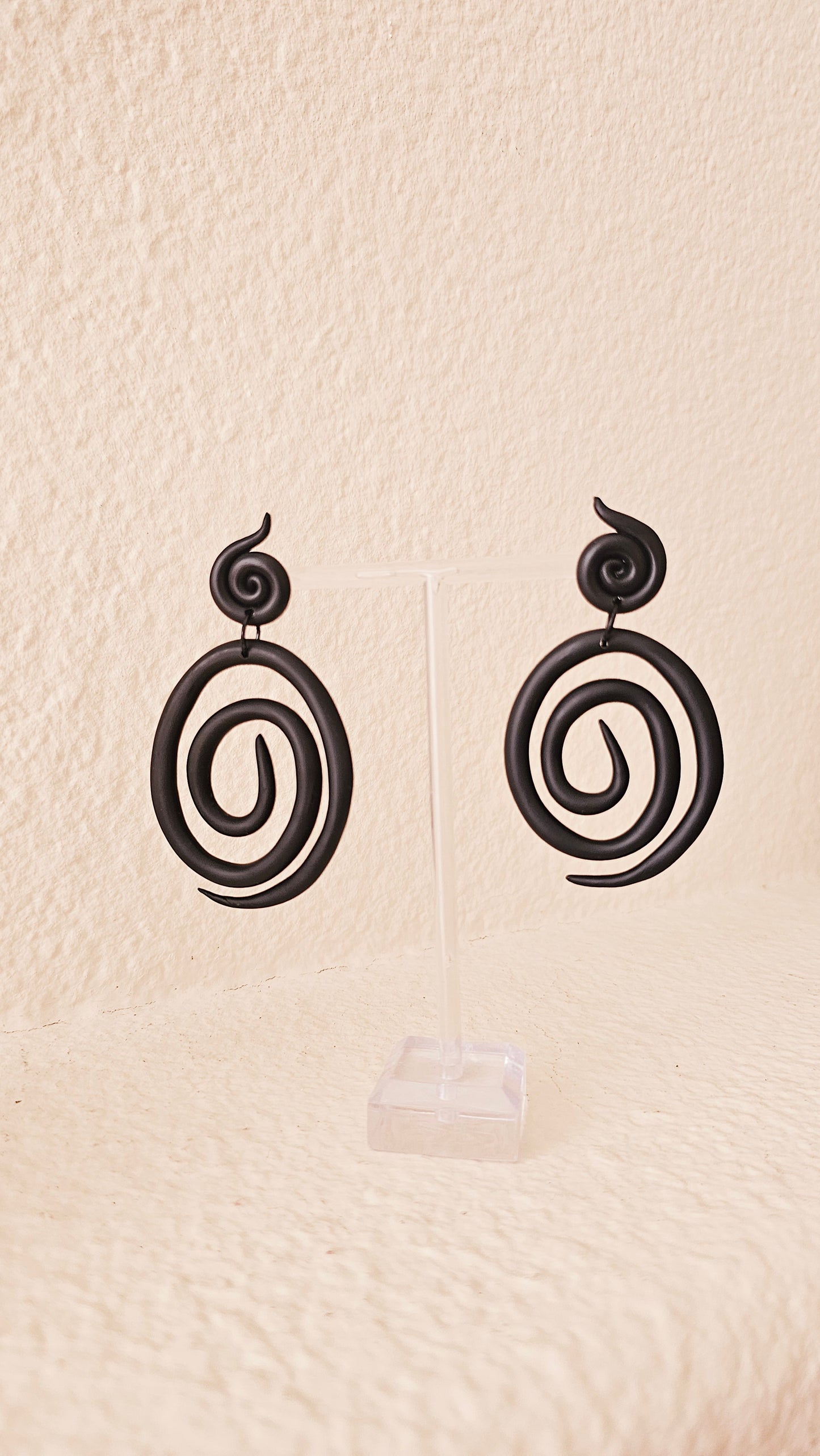 Black Spiral Polymer Clay Statement Earrings - Handmade Lightweight Dangle Earrings