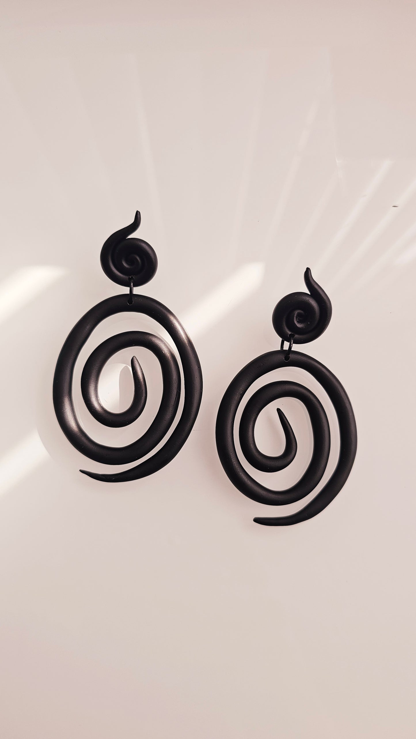 Black Spiral Polymer Clay Statement Earrings - Handmade Lightweight Dangle Earrings