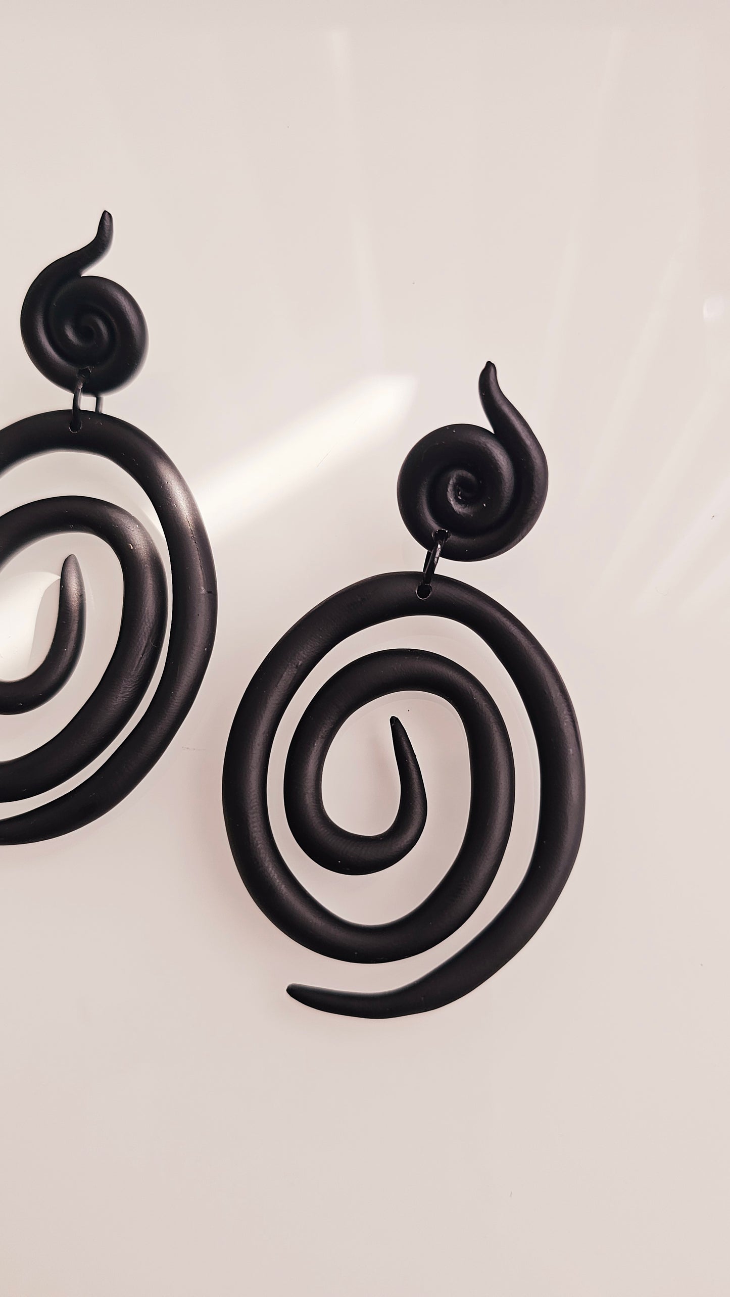 Black Spiral Polymer Clay Statement Earrings - Handmade Lightweight Dangle Earrings
