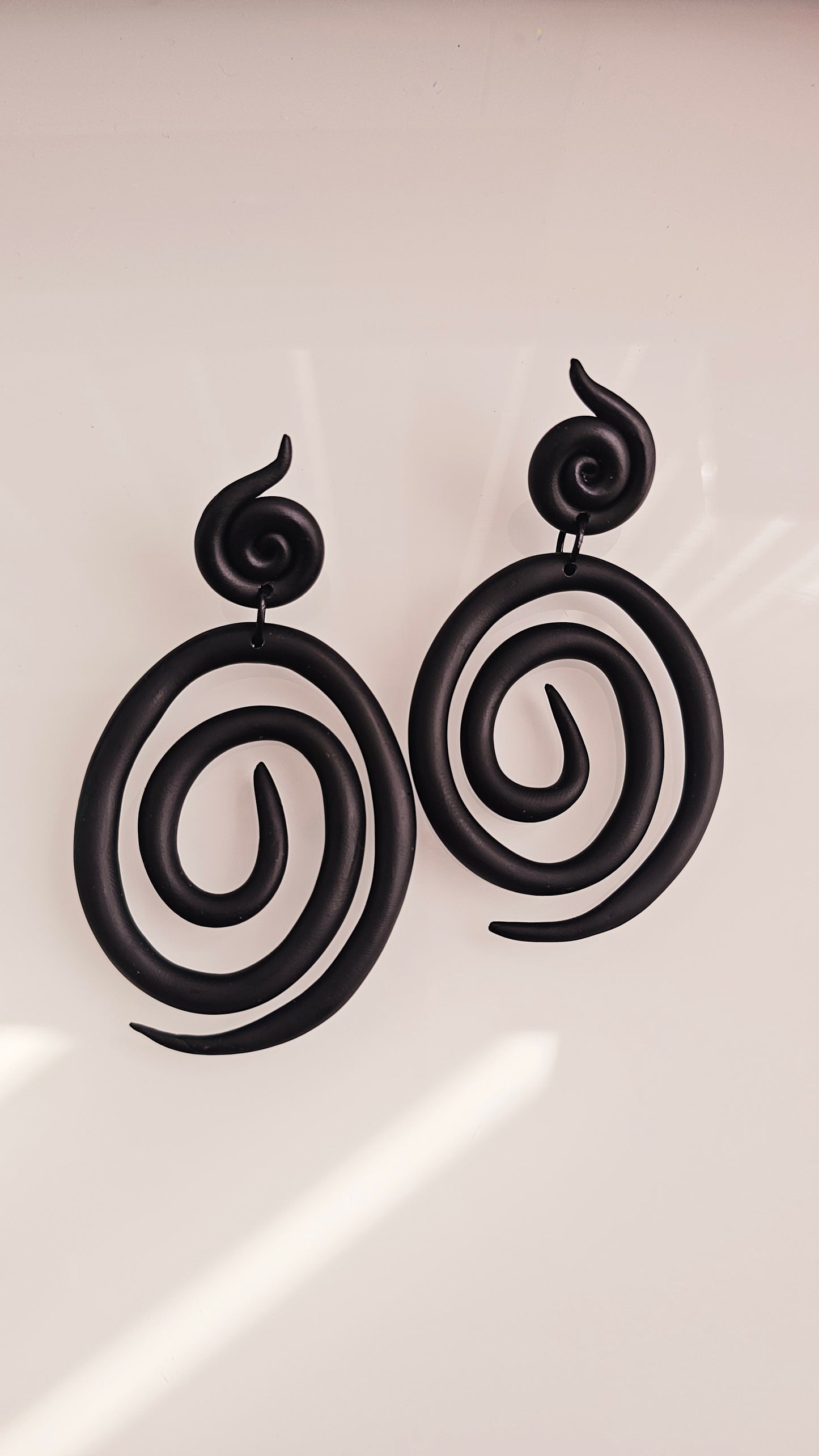 Black Spiral Polymer Clay Statement Earrings - Handmade Lightweight Dangle Earrings
