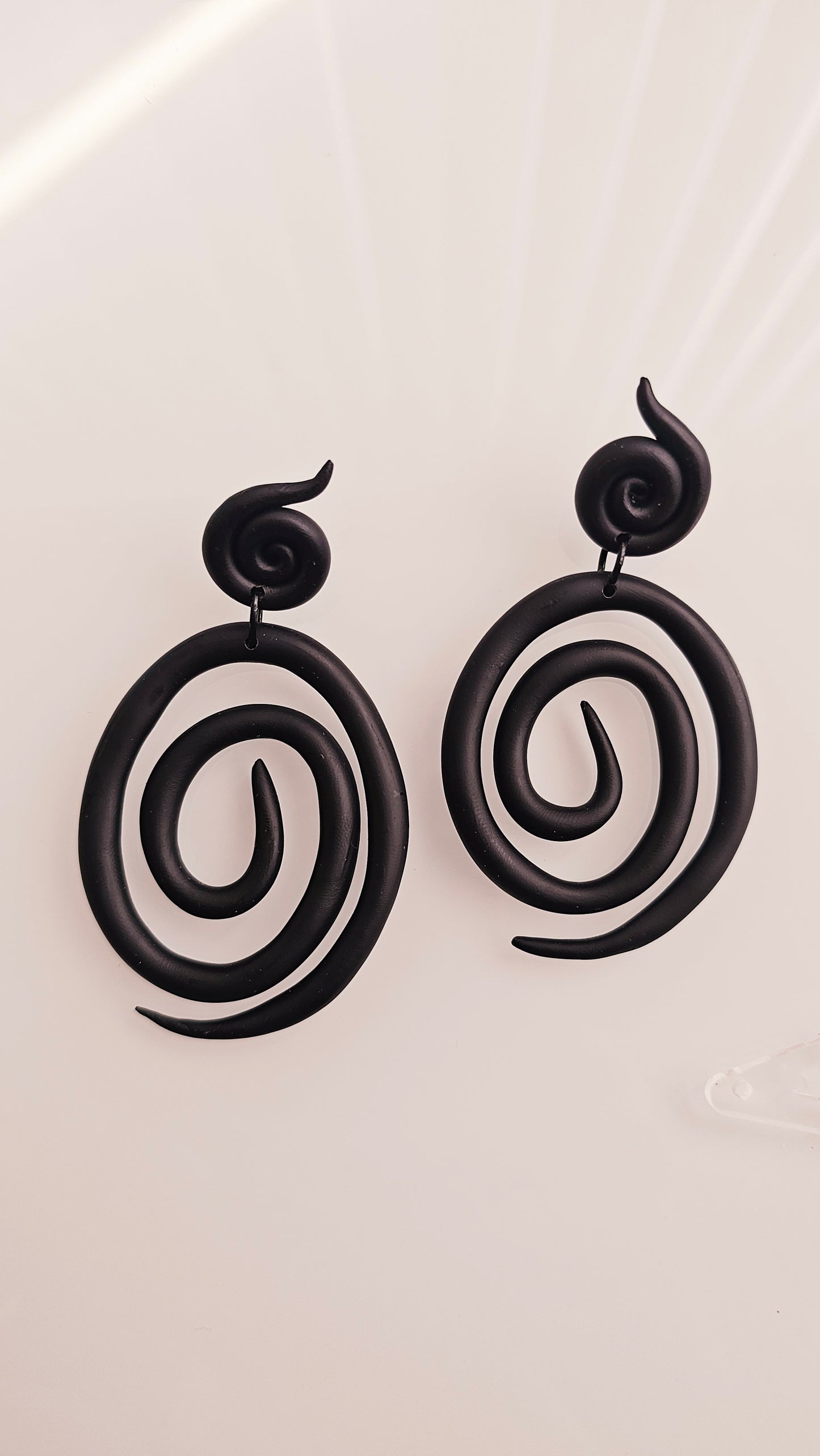Black Spiral Polymer Clay Statement Earrings - Handmade Lightweight Dangle Earrings