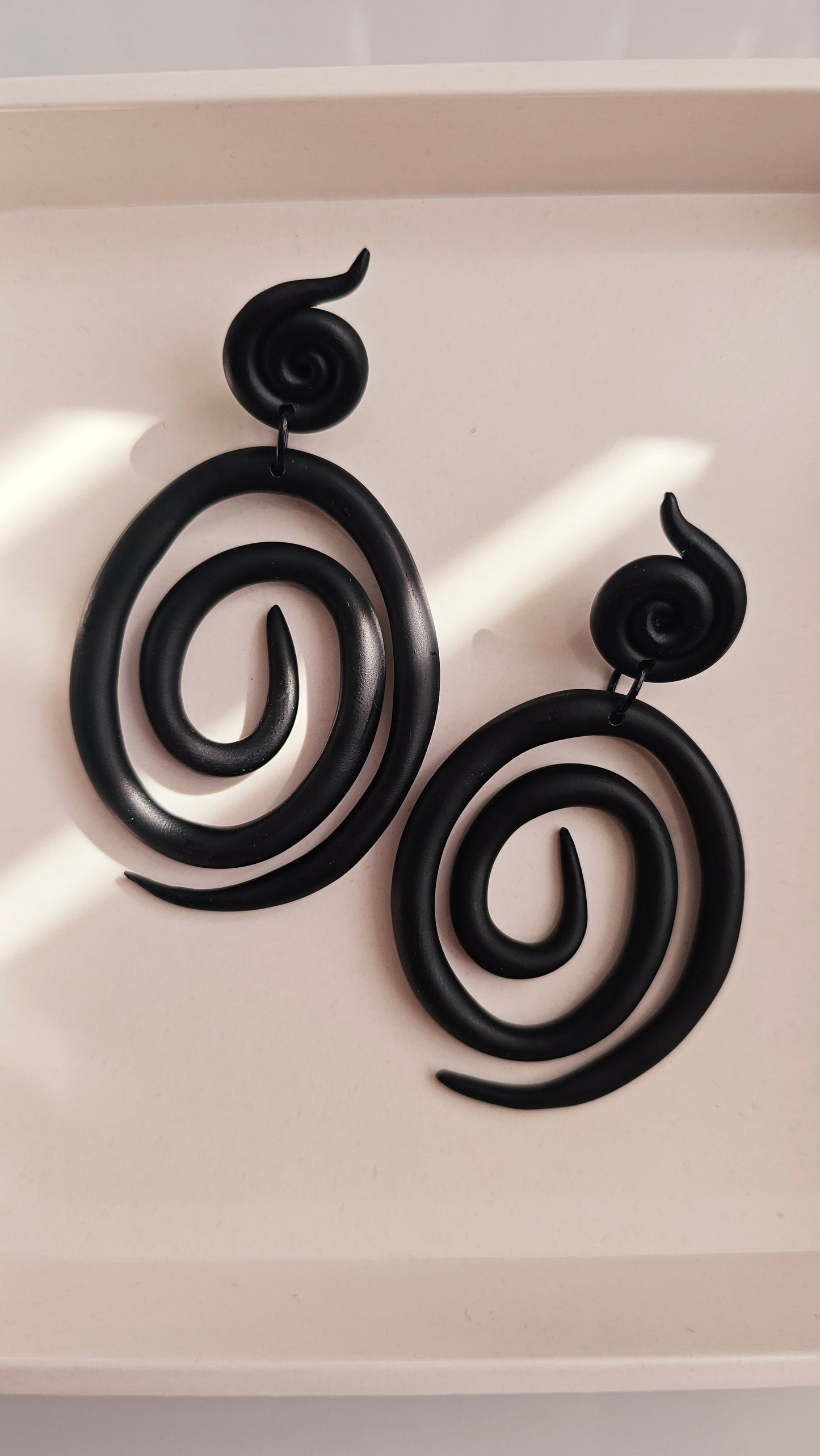 Black Spiral Polymer Clay Statement Earrings - Handmade Lightweight Dangle Earrings