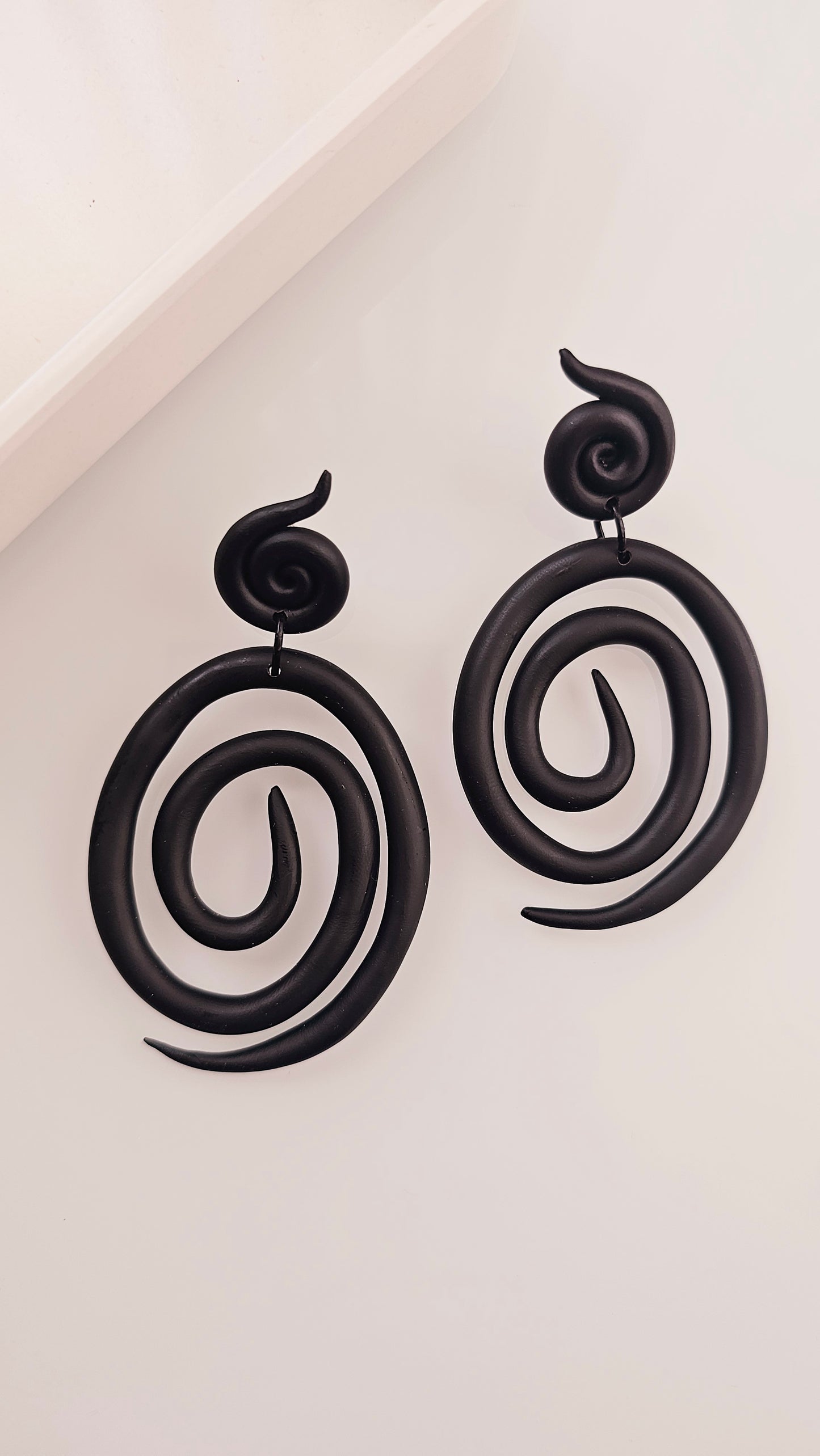 Black Spiral Polymer Clay Statement Earrings - Handmade Lightweight Dangle Earrings