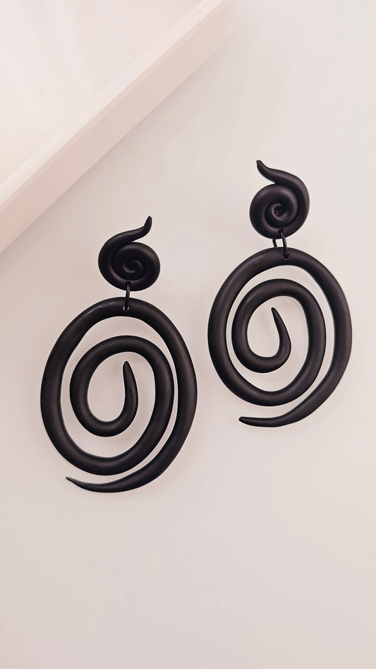 Black Spiral Polymer Clay Statement Earrings - Handmade Lightweight Dangle Earrings