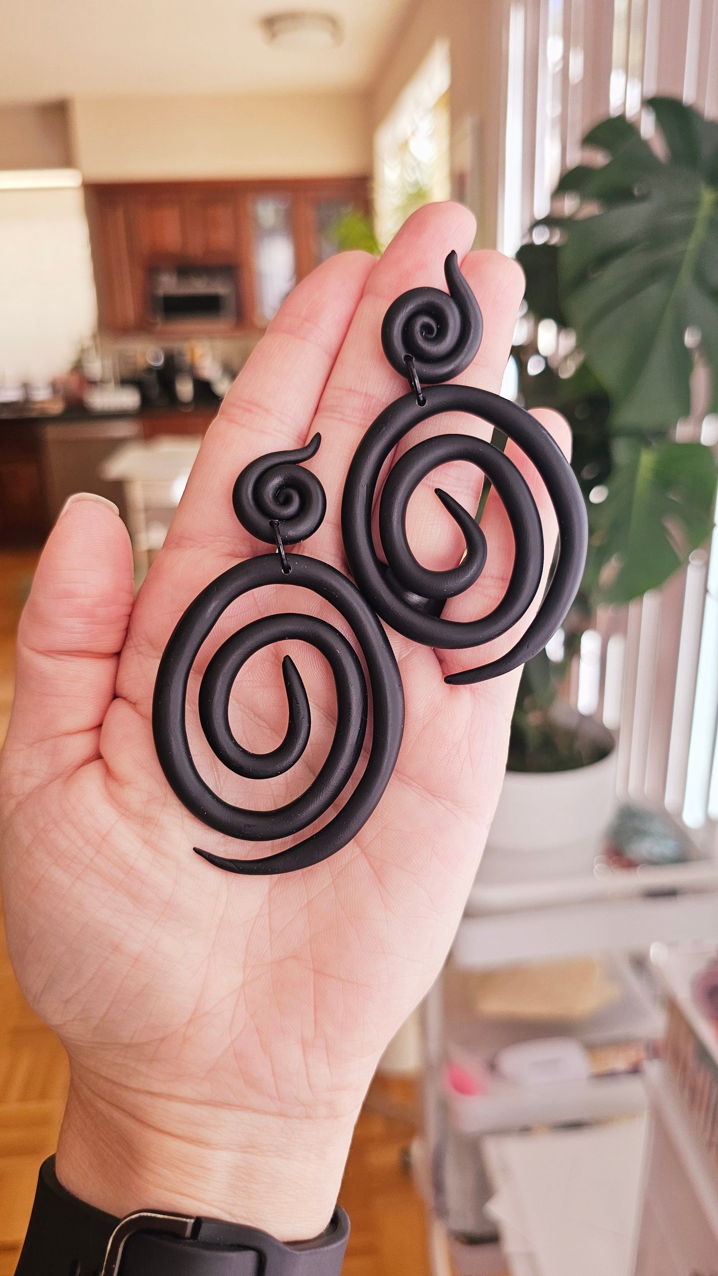 Black Spiral Polymer Clay Statement Earrings - Handmade Lightweight Dangle Earrings