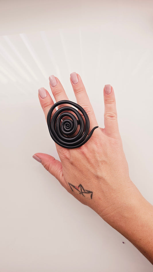 Black Spiral Polymer Clay Statement Ring - Handmade Lightweight Ring