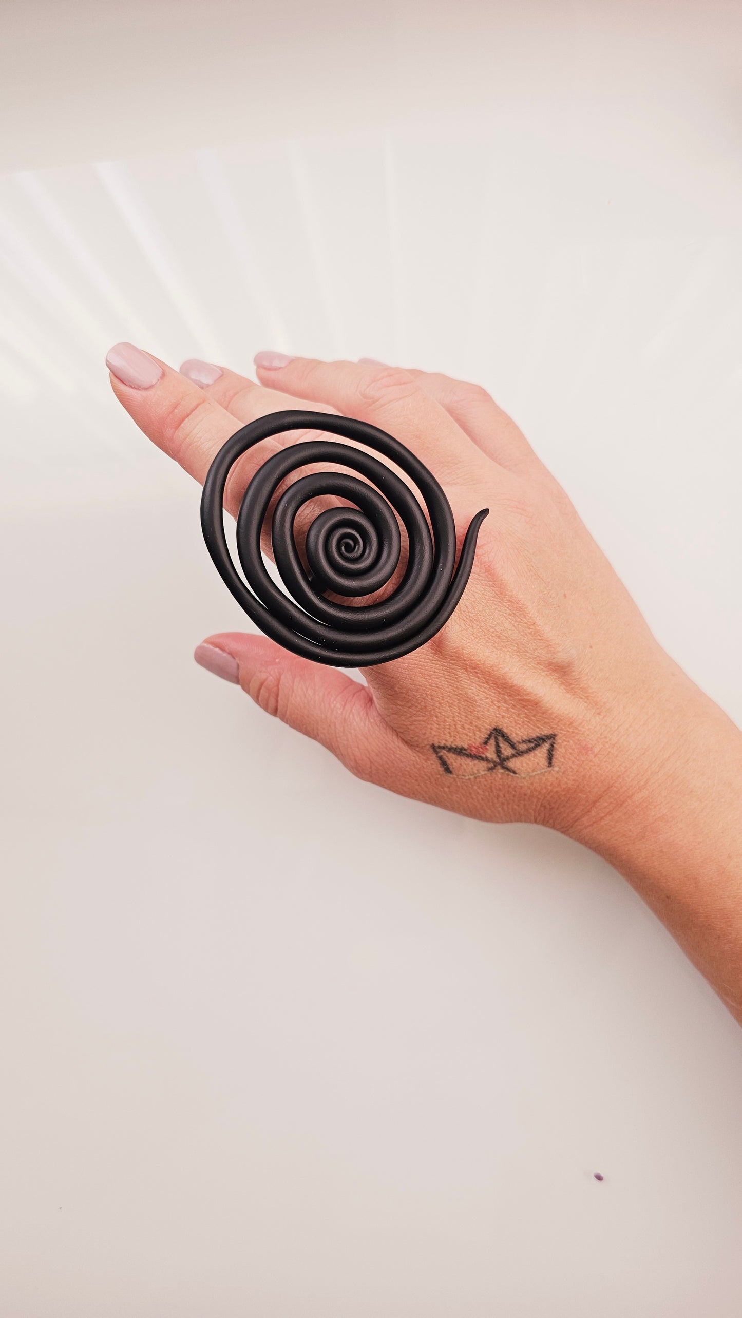 Black Spiral Polymer Clay Statement Ring - Handmade Lightweight Ring
