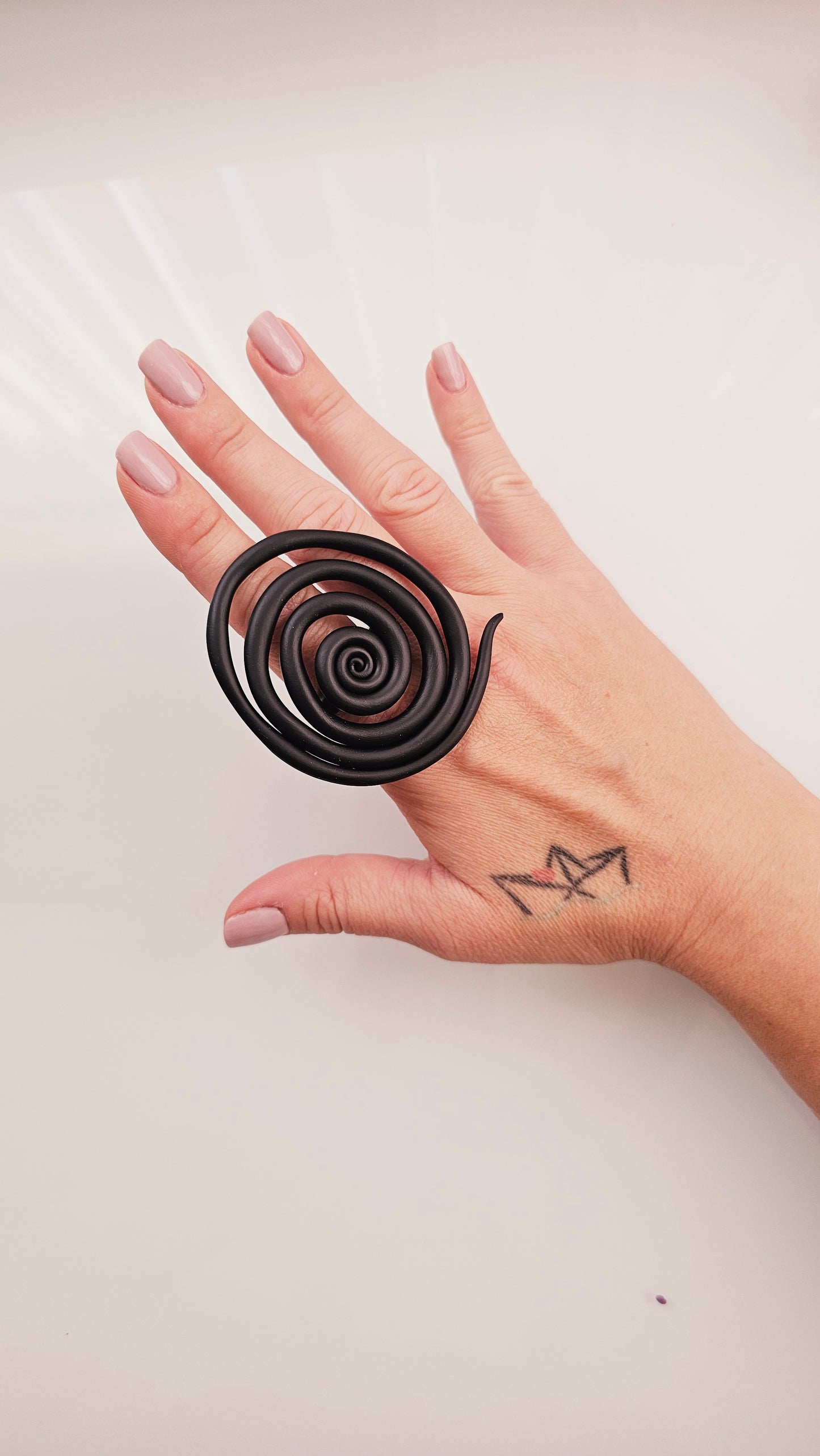 Black Spiral Polymer Clay Statement Ring - Handmade Lightweight Ring