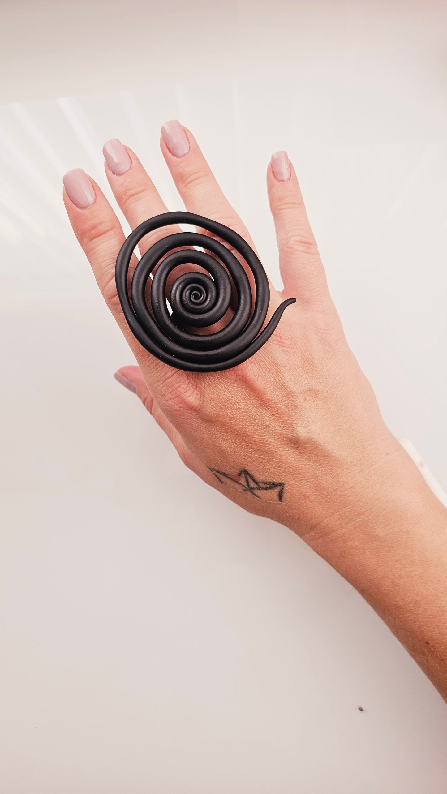 Black Spiral Polymer Clay Statement Ring - Handmade Lightweight Ring