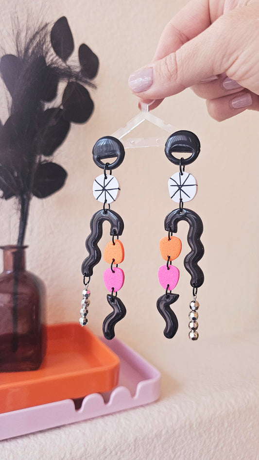 Asymmetric Statement Earrings - Black, Pink & Orange Geometric Dangles