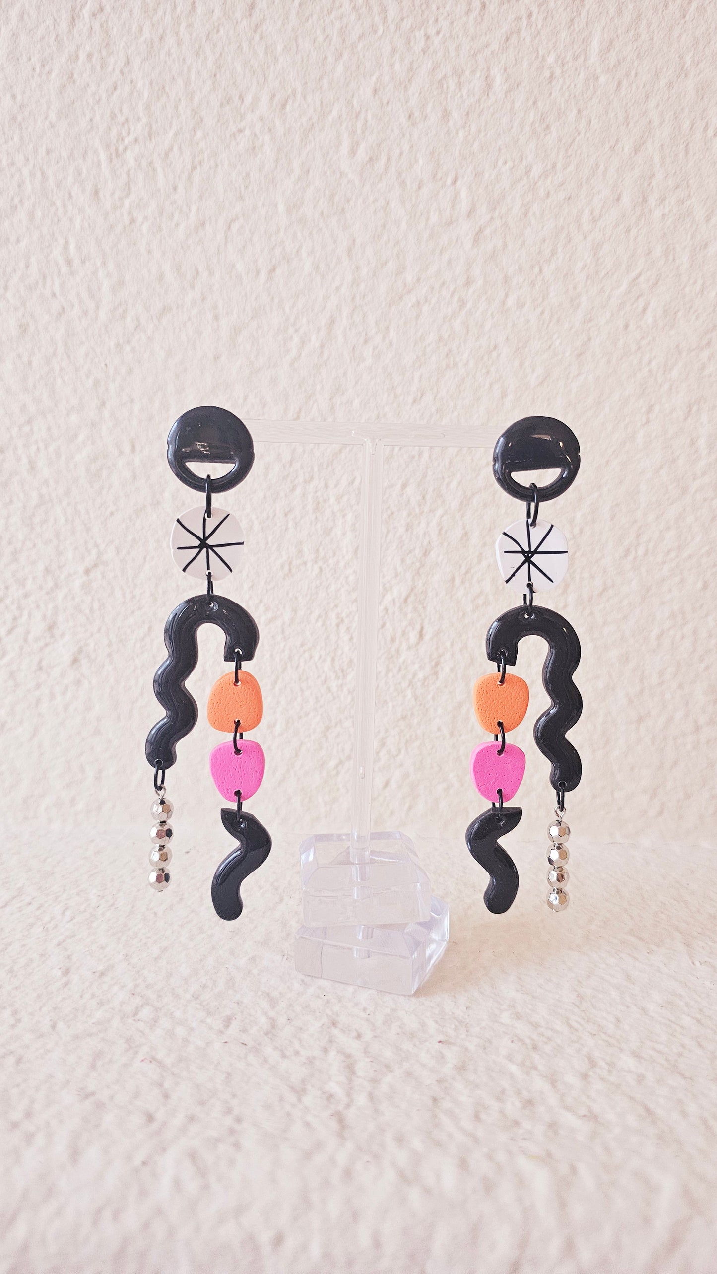 Asymmetric Statement Earrings - Black, Pink & Orange Geometric Dangles