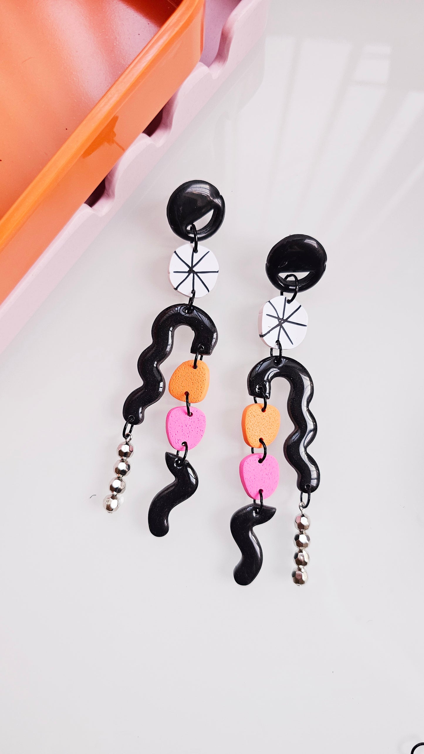 Asymmetric Statement Earrings - Black, Pink & Orange Geometric Dangles