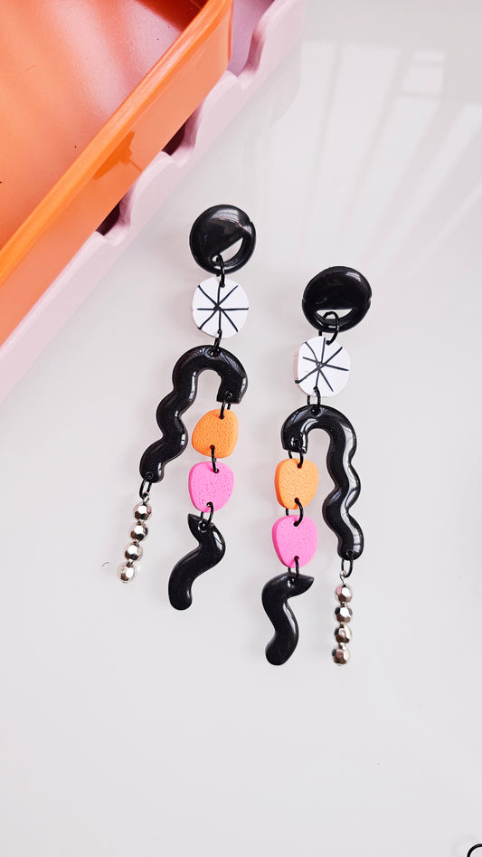 Asymmetric Statement Earrings - Black, Pink & Orange Geometric Dangles