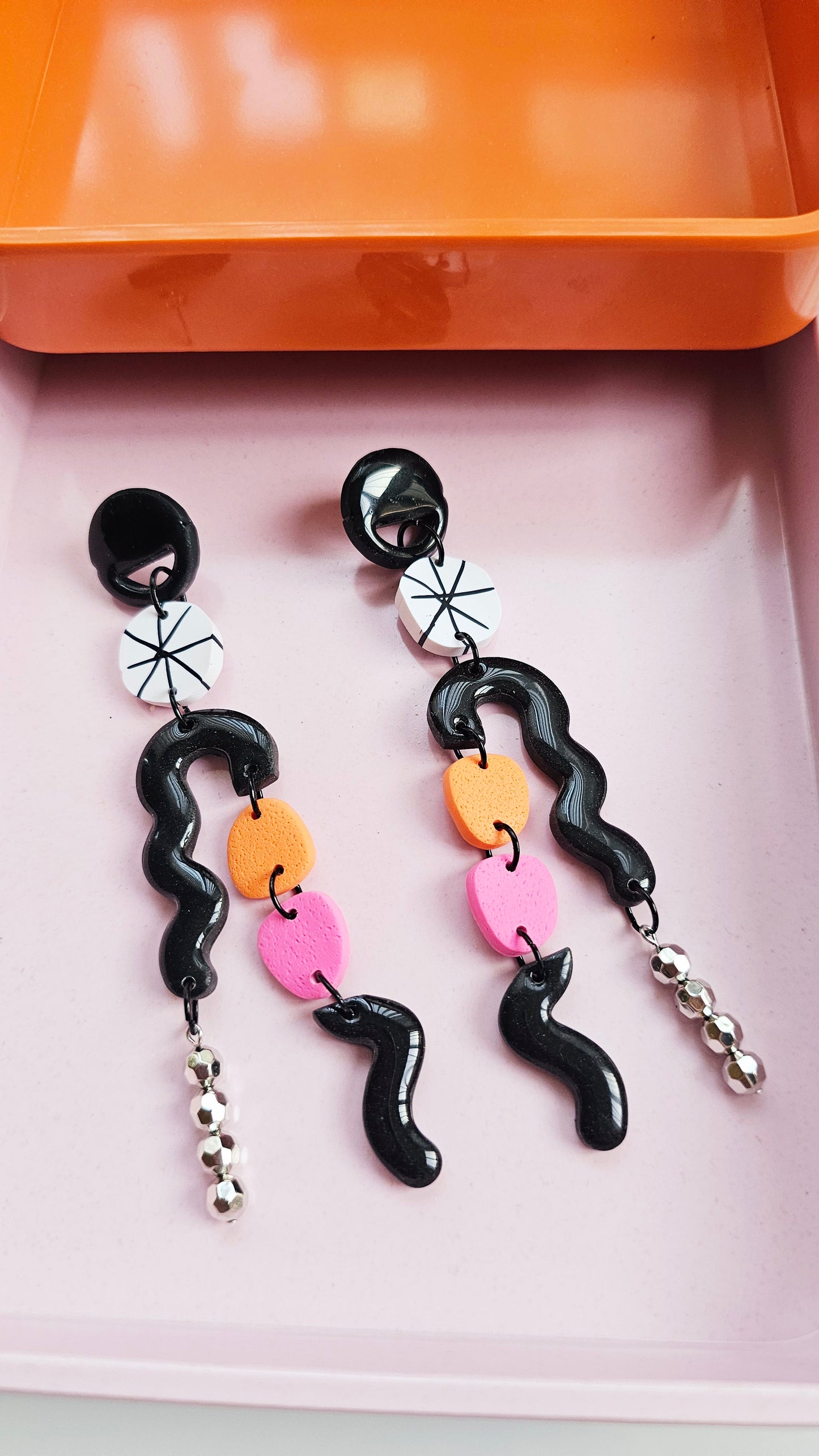 Asymmetric Statement Earrings - Black, Pink & Orange Geometric Dangles