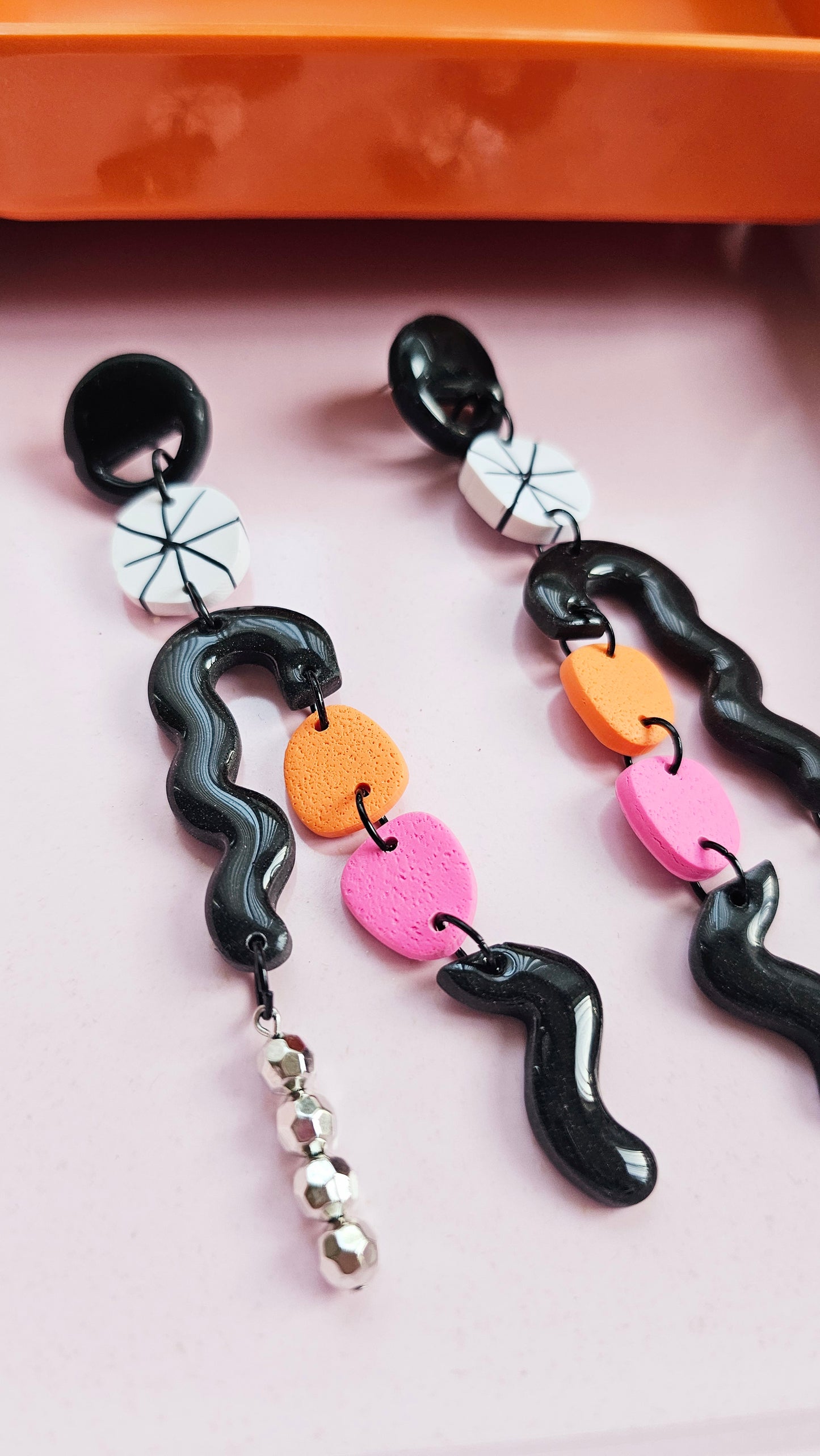 Asymmetric Statement Earrings - Black, Pink & Orange Geometric Dangles