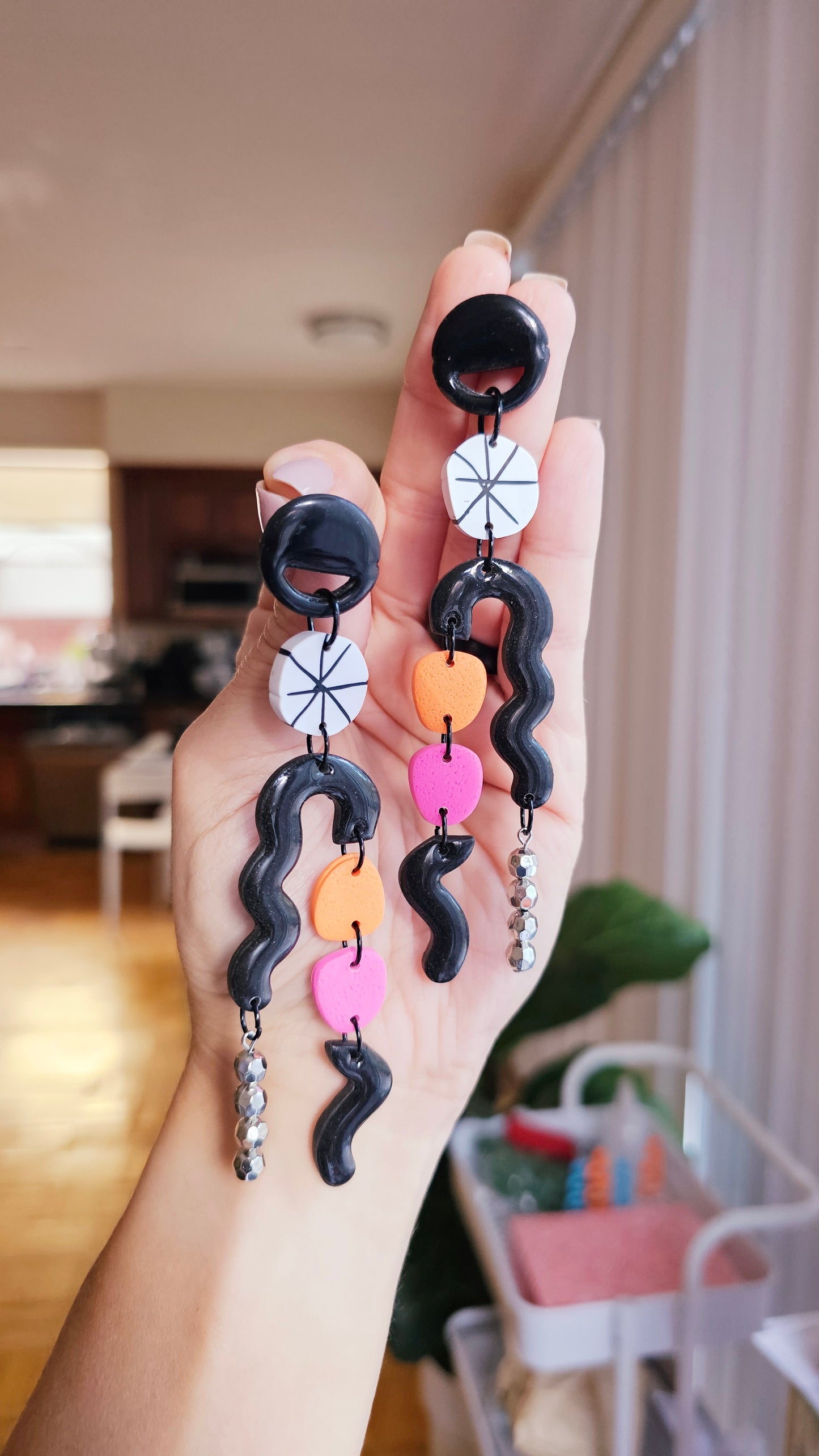Asymmetric Statement Earrings - Black, Pink & Orange Geometric Dangles