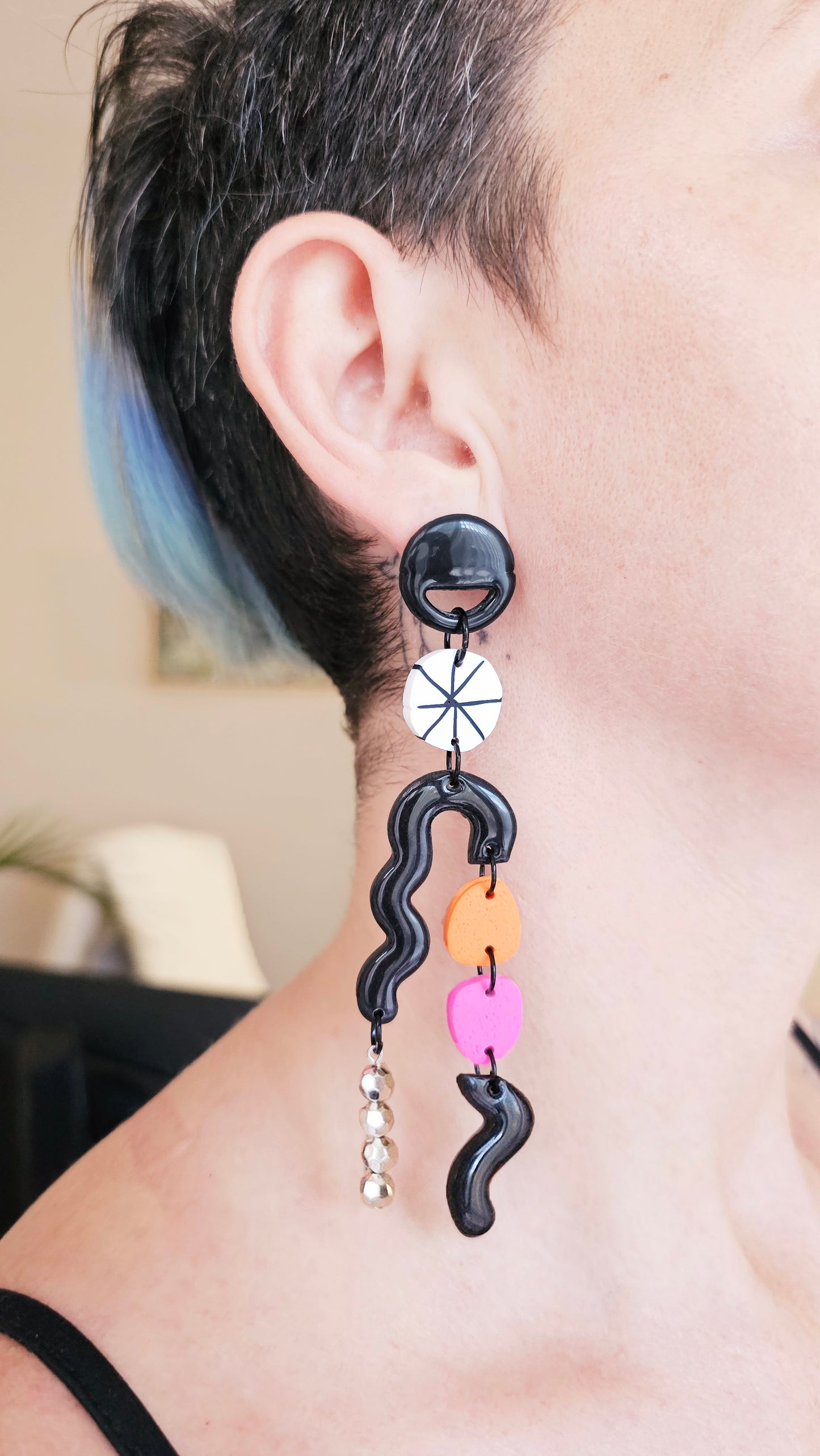 Asymmetric Statement Earrings - Black, Pink & Orange Geometric Dangles